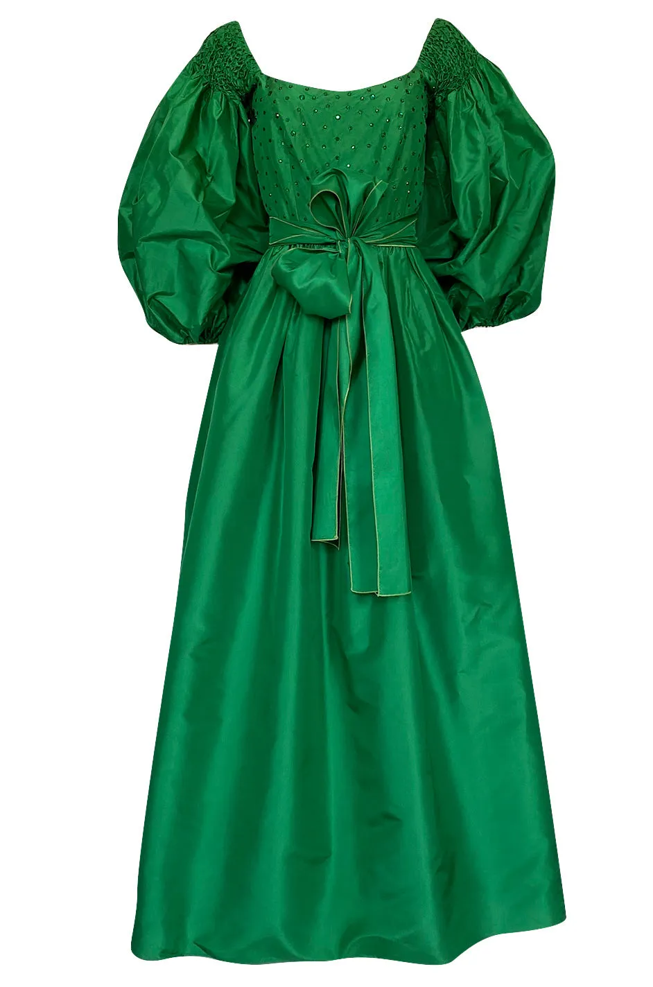 1960s Richiline Emerald Green Silk Dress w Pouf Sleeves & Rhinestone Detail