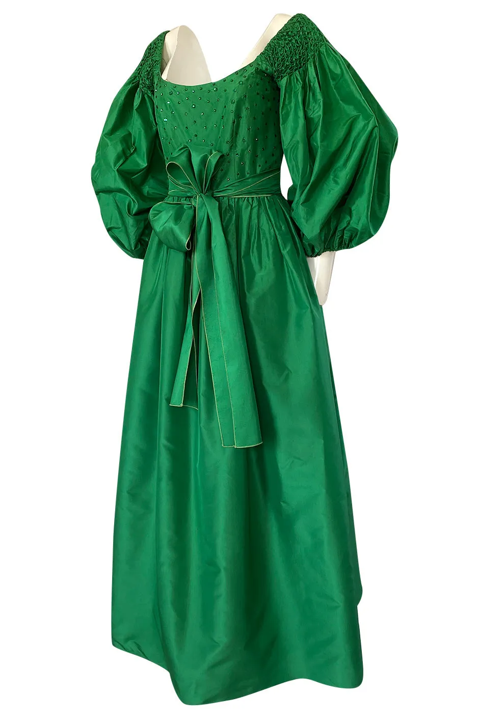 1960s Richiline Emerald Green Silk Dress w Pouf Sleeves & Rhinestone Detail