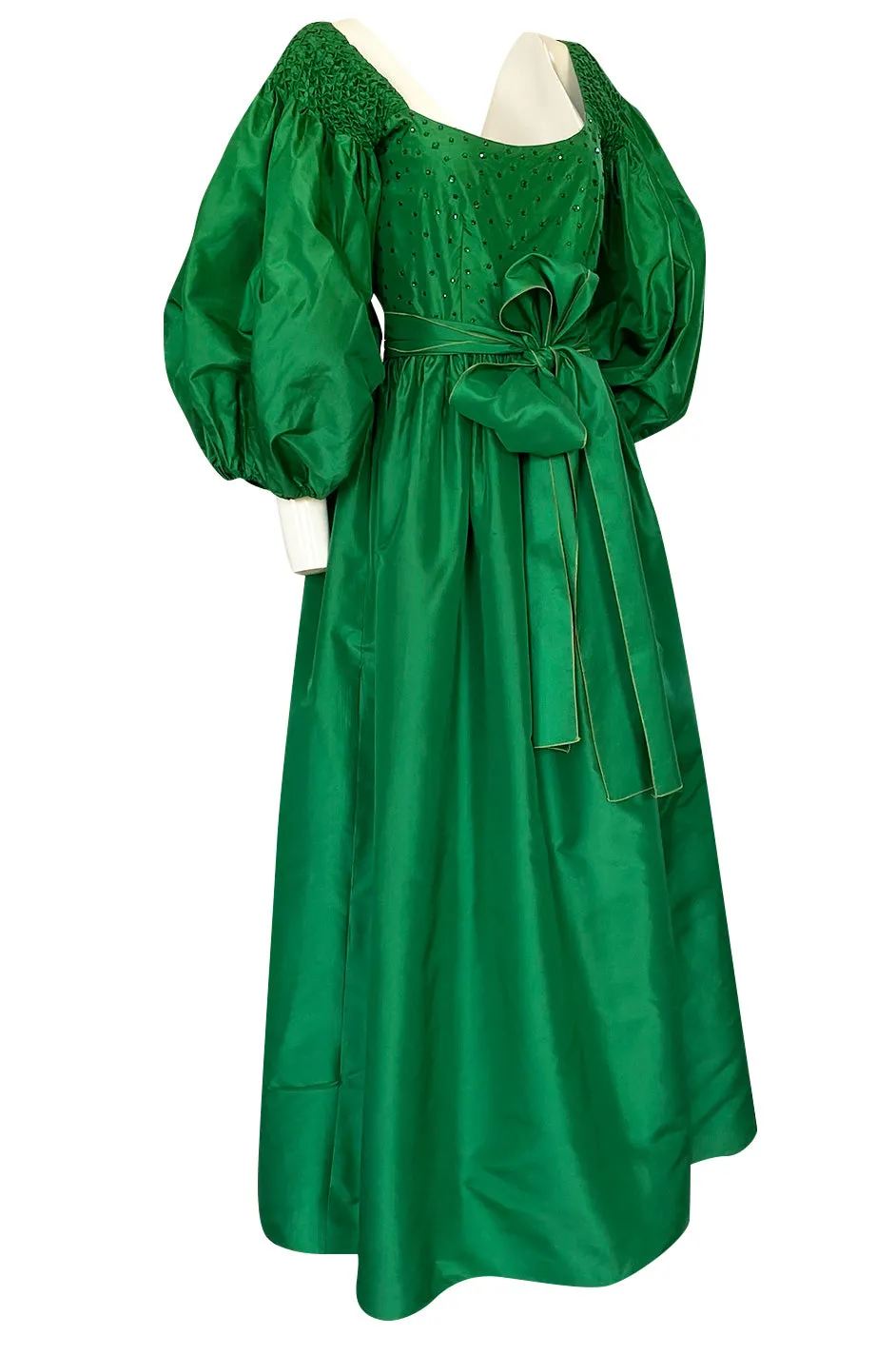 1960s Richiline Emerald Green Silk Dress w Pouf Sleeves & Rhinestone Detail
