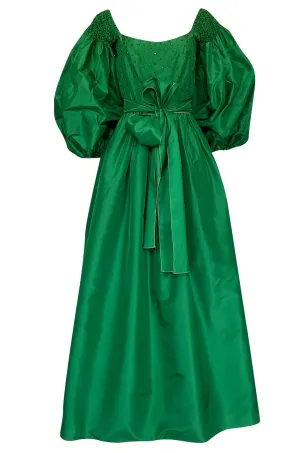 1960s Richiline Emerald Green Silk Dress w Pouf Sleeves & Rhinestone Detail