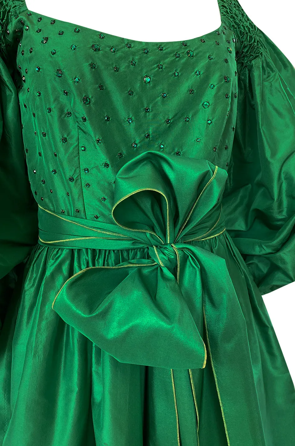 1960s Richiline Emerald Green Silk Dress w Pouf Sleeves & Rhinestone Detail