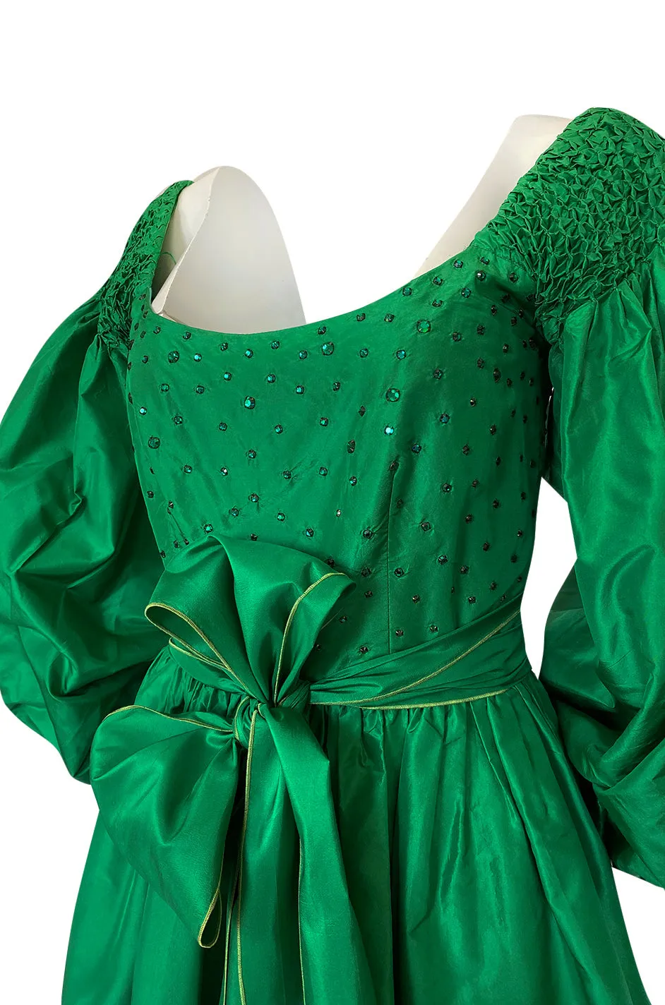1960s Richiline Emerald Green Silk Dress w Pouf Sleeves & Rhinestone Detail