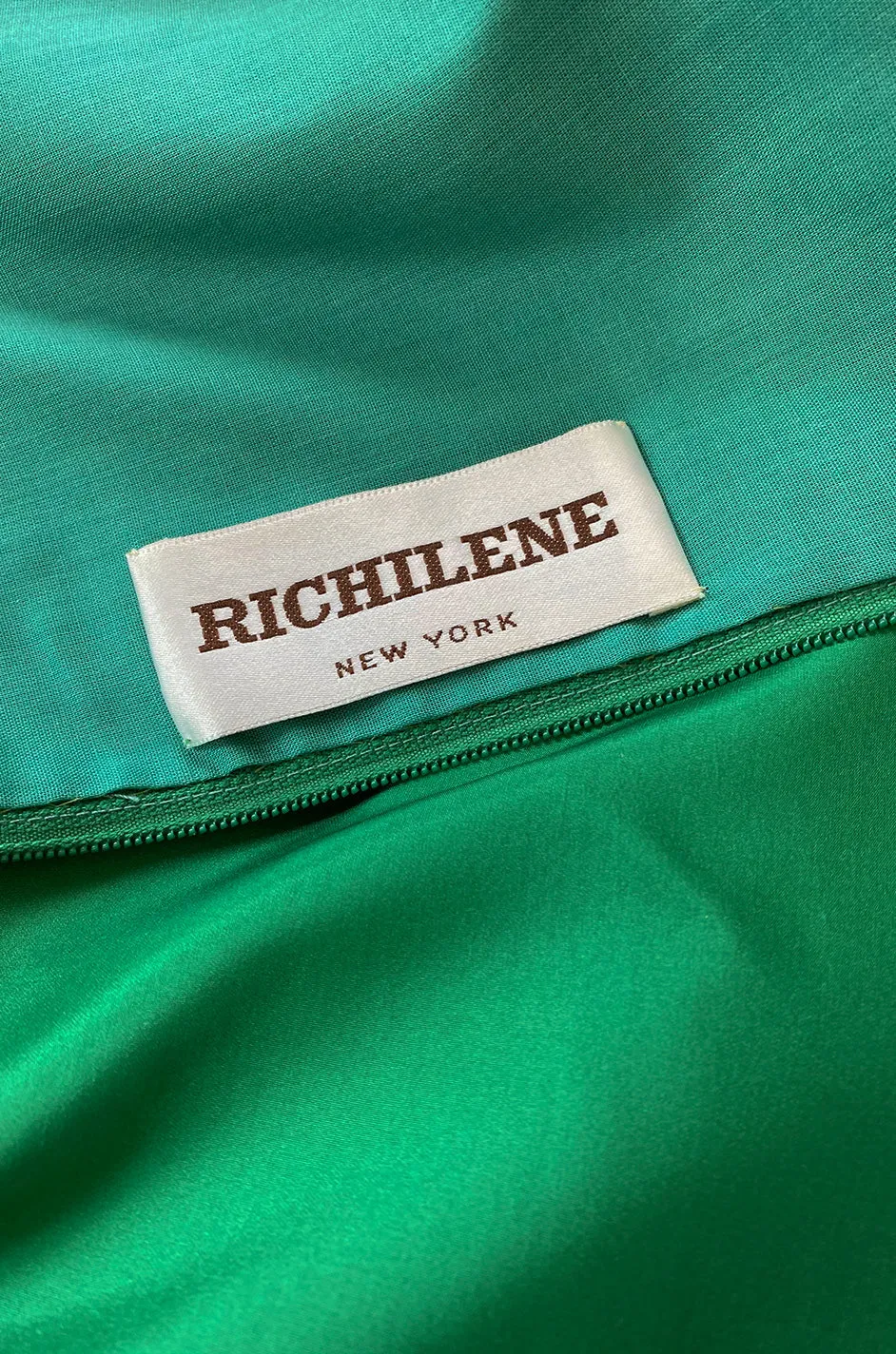 1960s Richiline Emerald Green Silk Dress w Pouf Sleeves & Rhinestone Detail