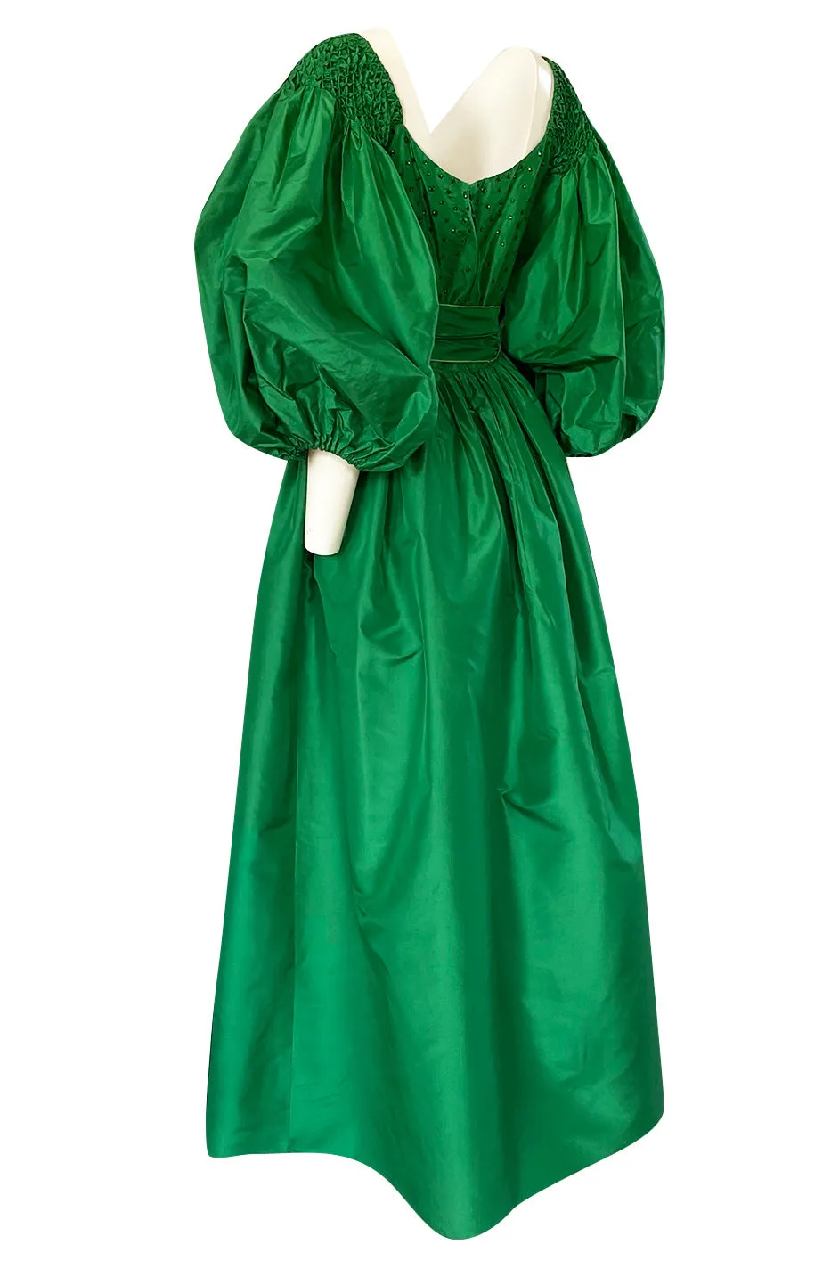 1960s Richiline Emerald Green Silk Dress w Pouf Sleeves & Rhinestone Detail