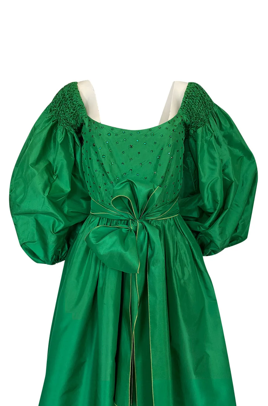 1960s Richiline Emerald Green Silk Dress w Pouf Sleeves & Rhinestone Detail