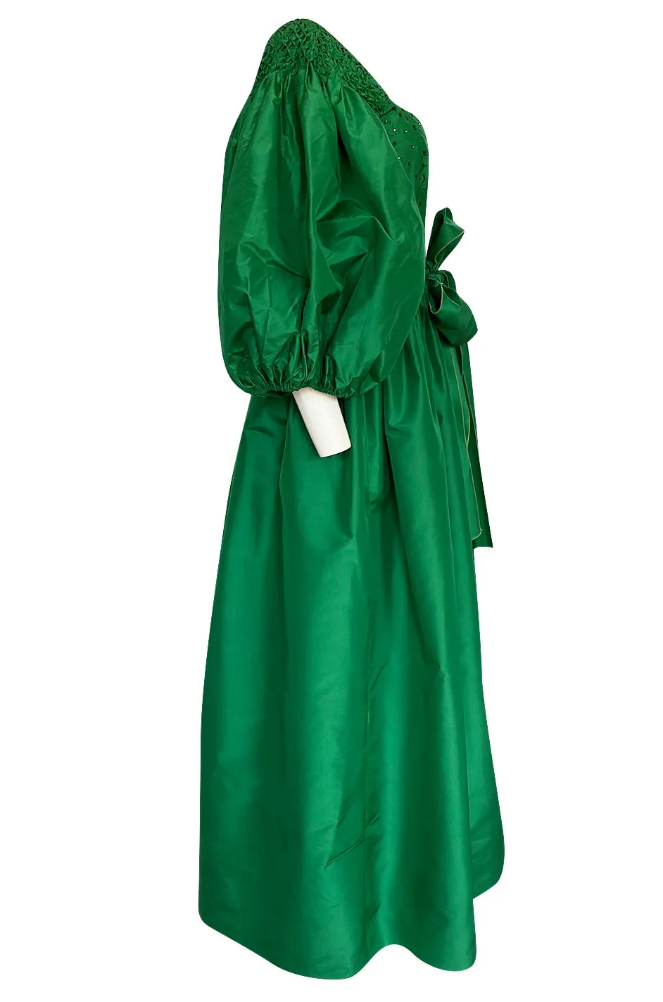 1960s Richiline Emerald Green Silk Dress w Pouf Sleeves & Rhinestone Detail