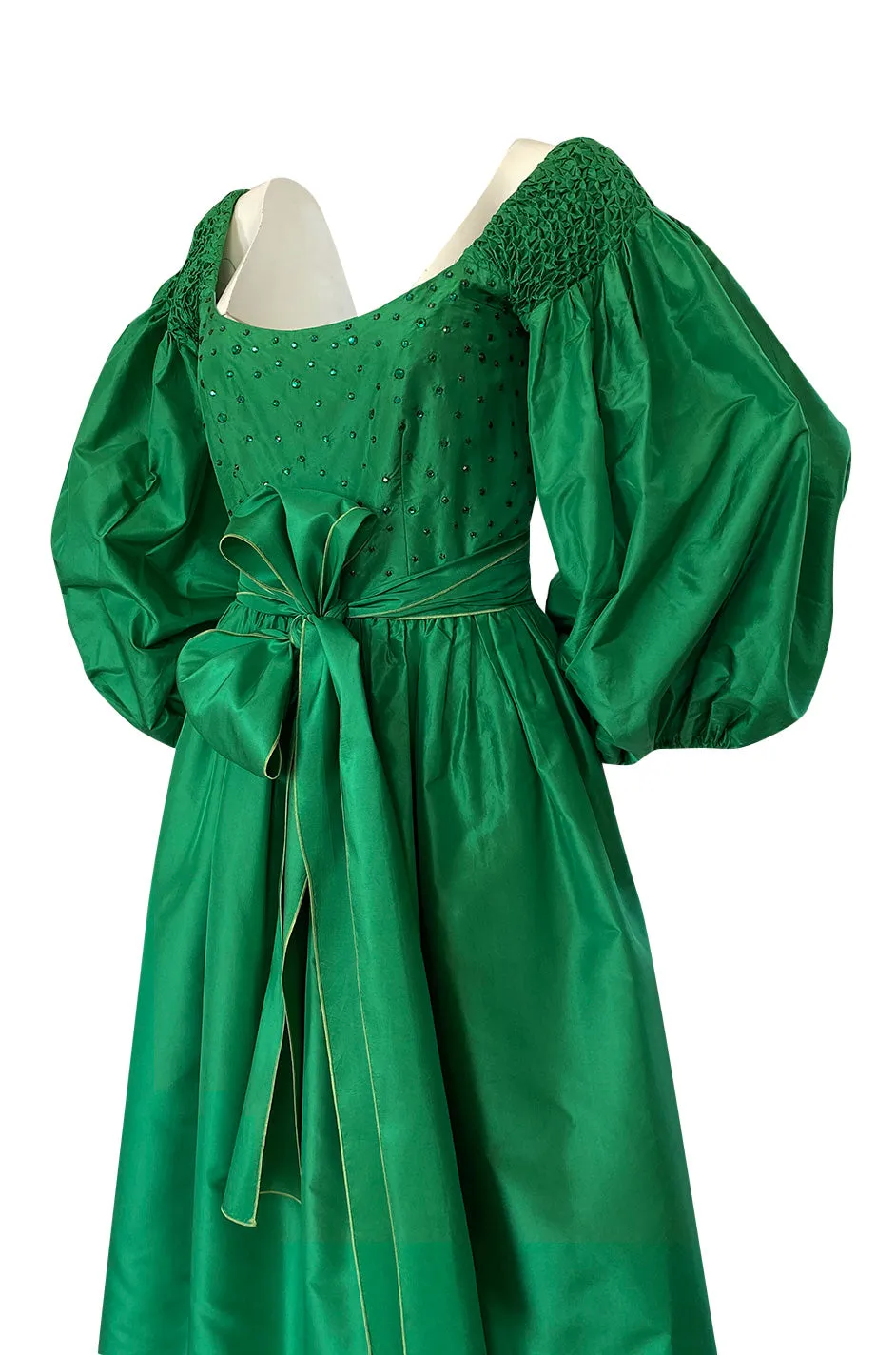 1960s Richiline Emerald Green Silk Dress w Pouf Sleeves & Rhinestone Detail