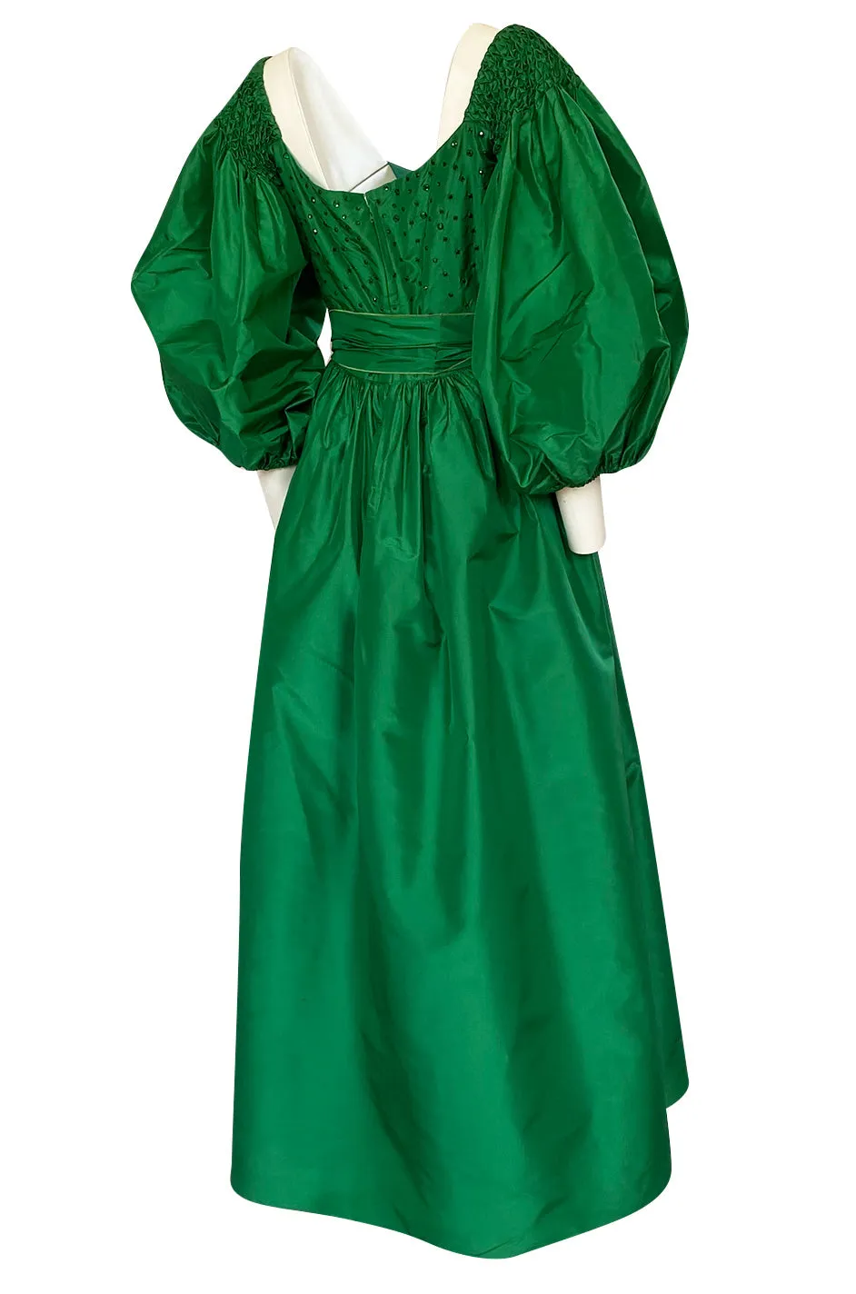 1960s Richiline Emerald Green Silk Dress w Pouf Sleeves & Rhinestone Detail
