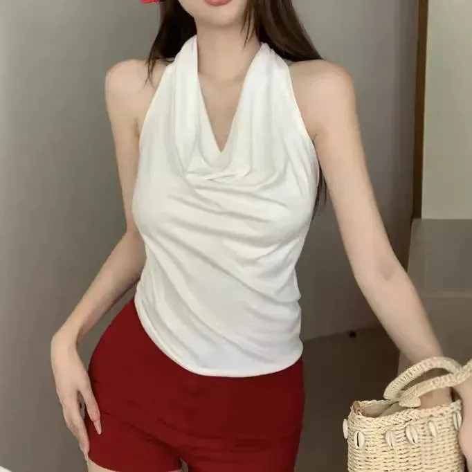 1pcs Girls Knit Sleeveless Halter Tops for Women Basics Solid Slim Fitted Womens Sports Vest Backless Strapless Tank Tops