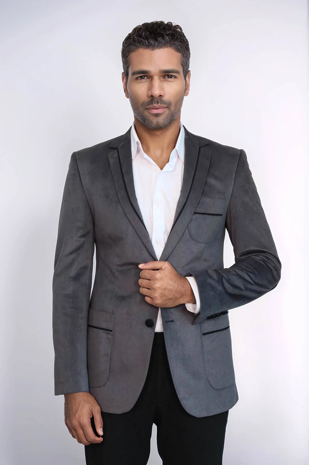 2 Button Bag Pocket Velvet Grey Jacket-Wessi