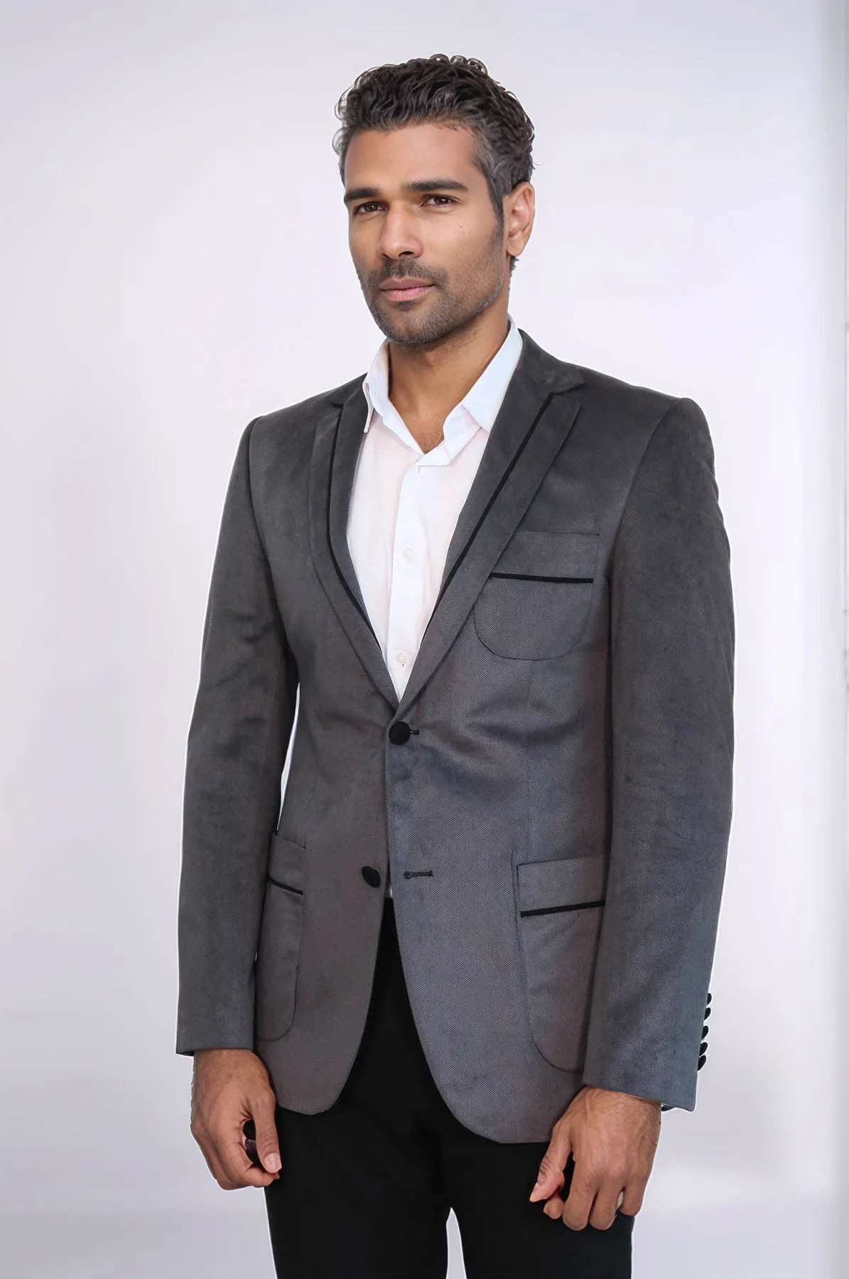 2 Button Bag Pocket Velvet Grey Jacket-Wessi