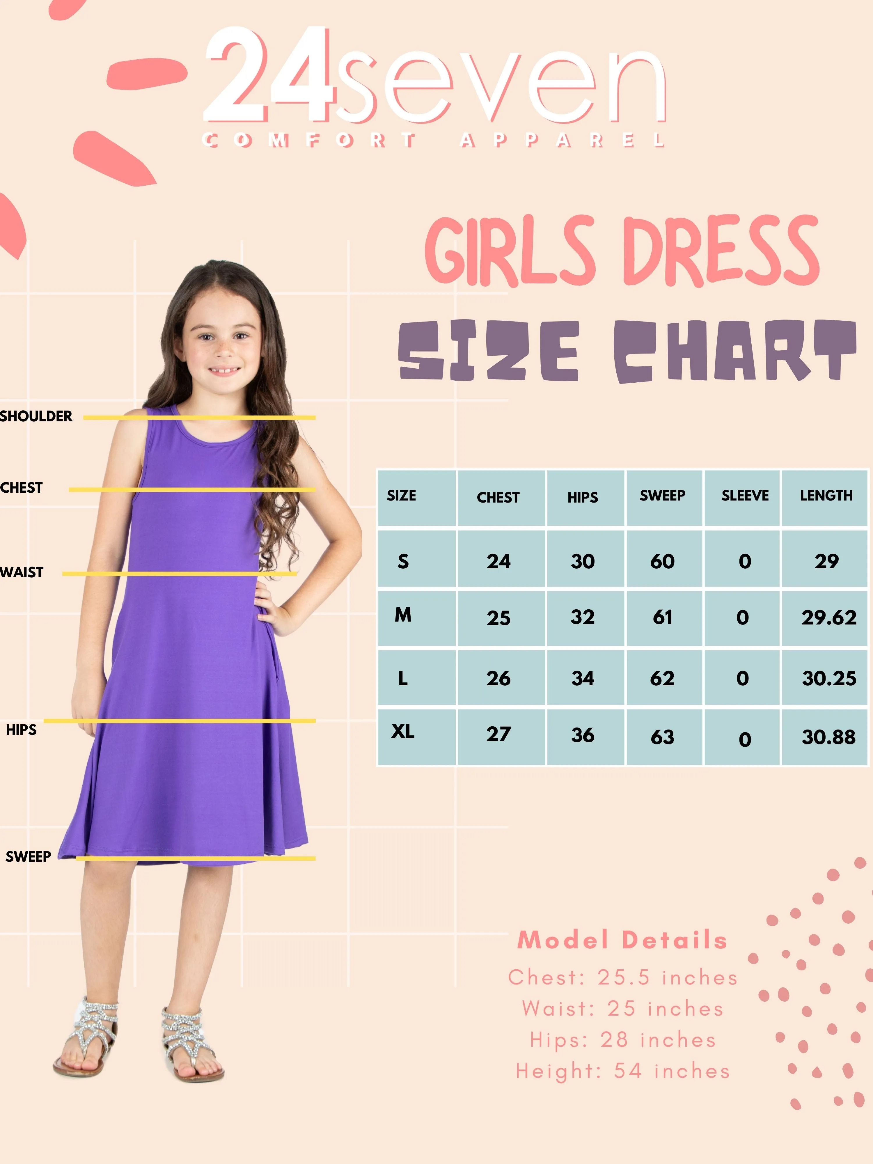 24seven Comfort Apparel Girls Sleeveless Pocket Swing Dress Machine Washable