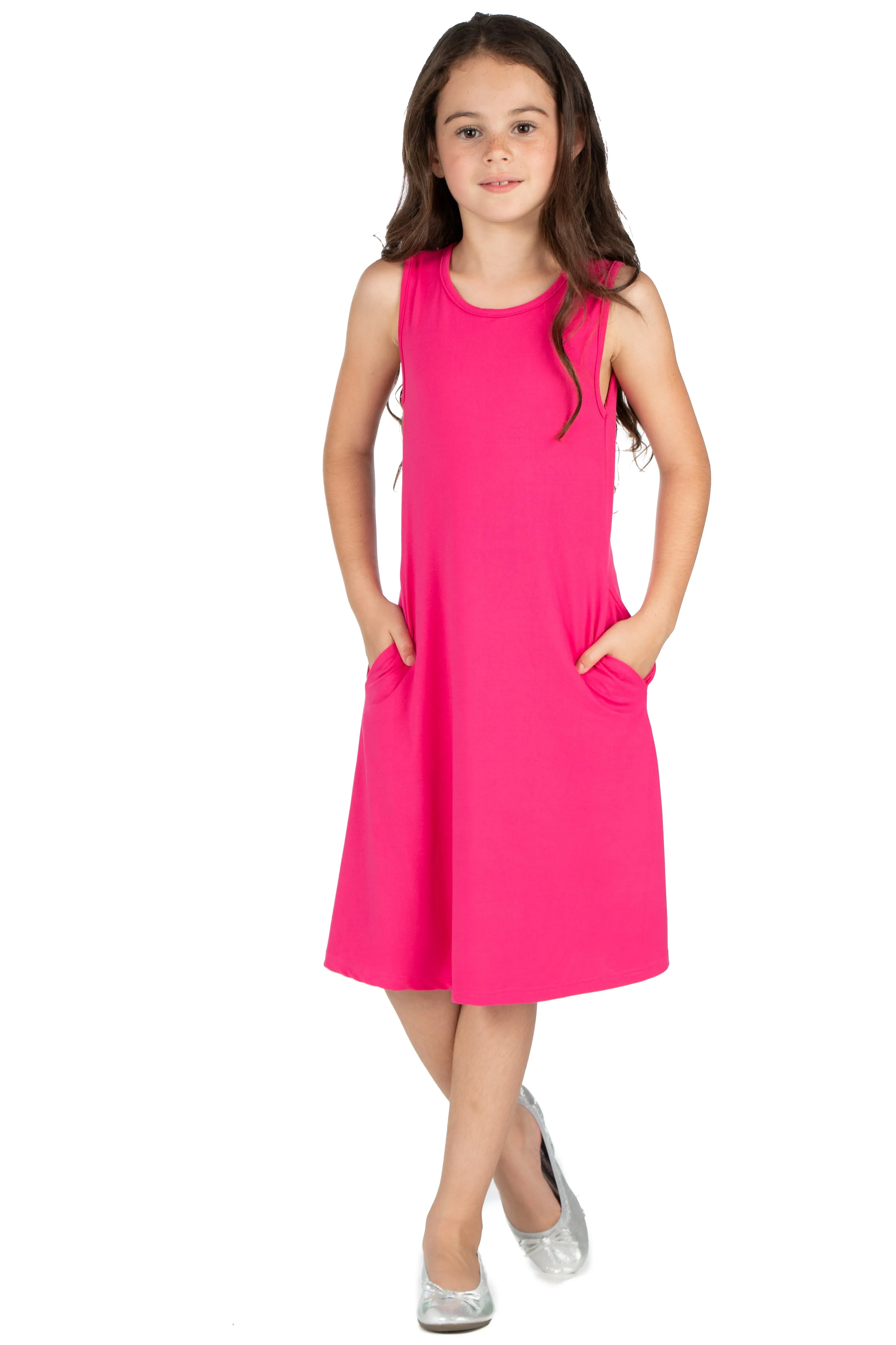 24seven Comfort Apparel Girls Sleeveless Pocket Swing Dress Machine Washable