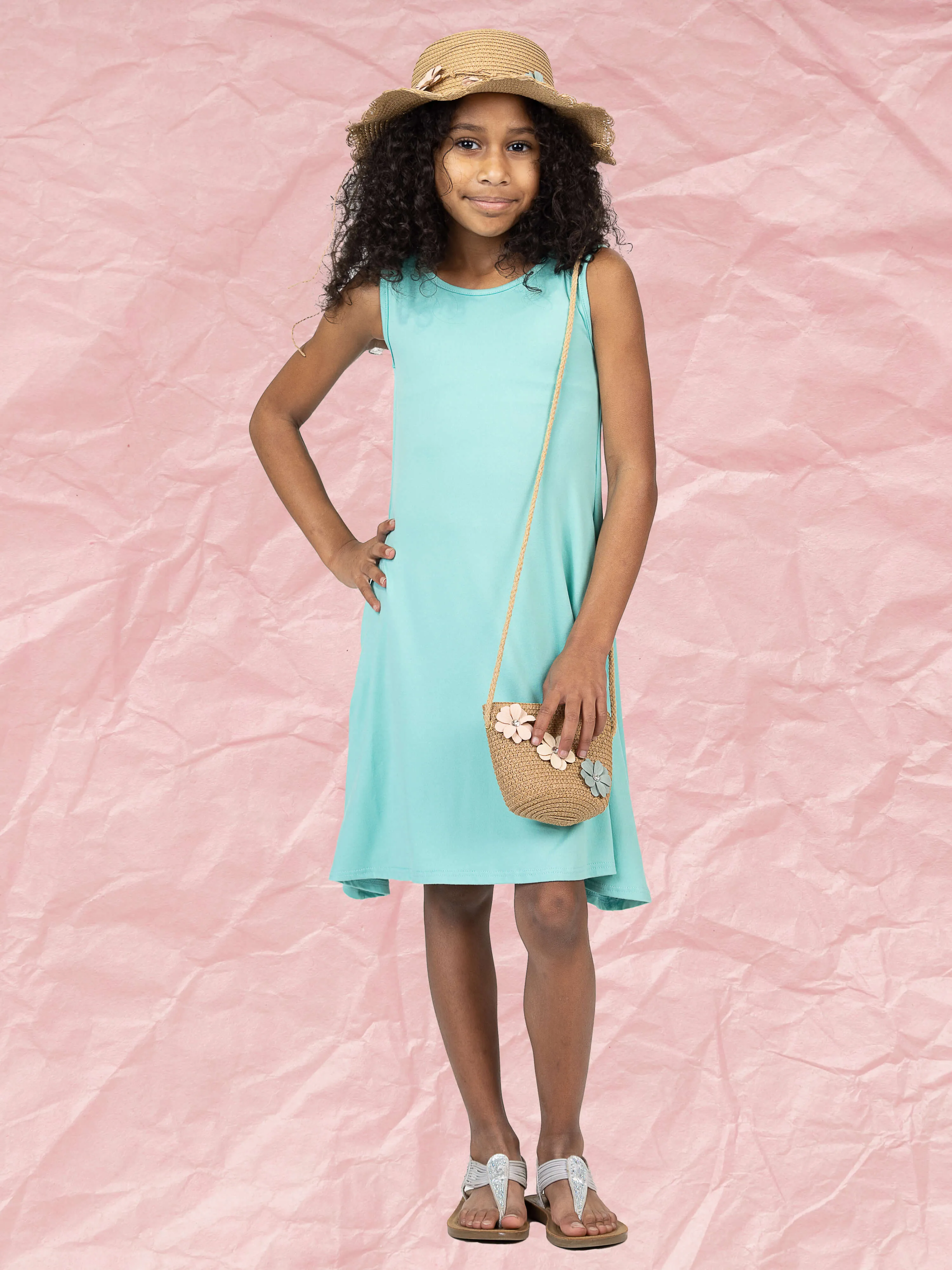 24seven Comfort Apparel Girls Sleeveless Pocket Swing Dress Machine Washable
