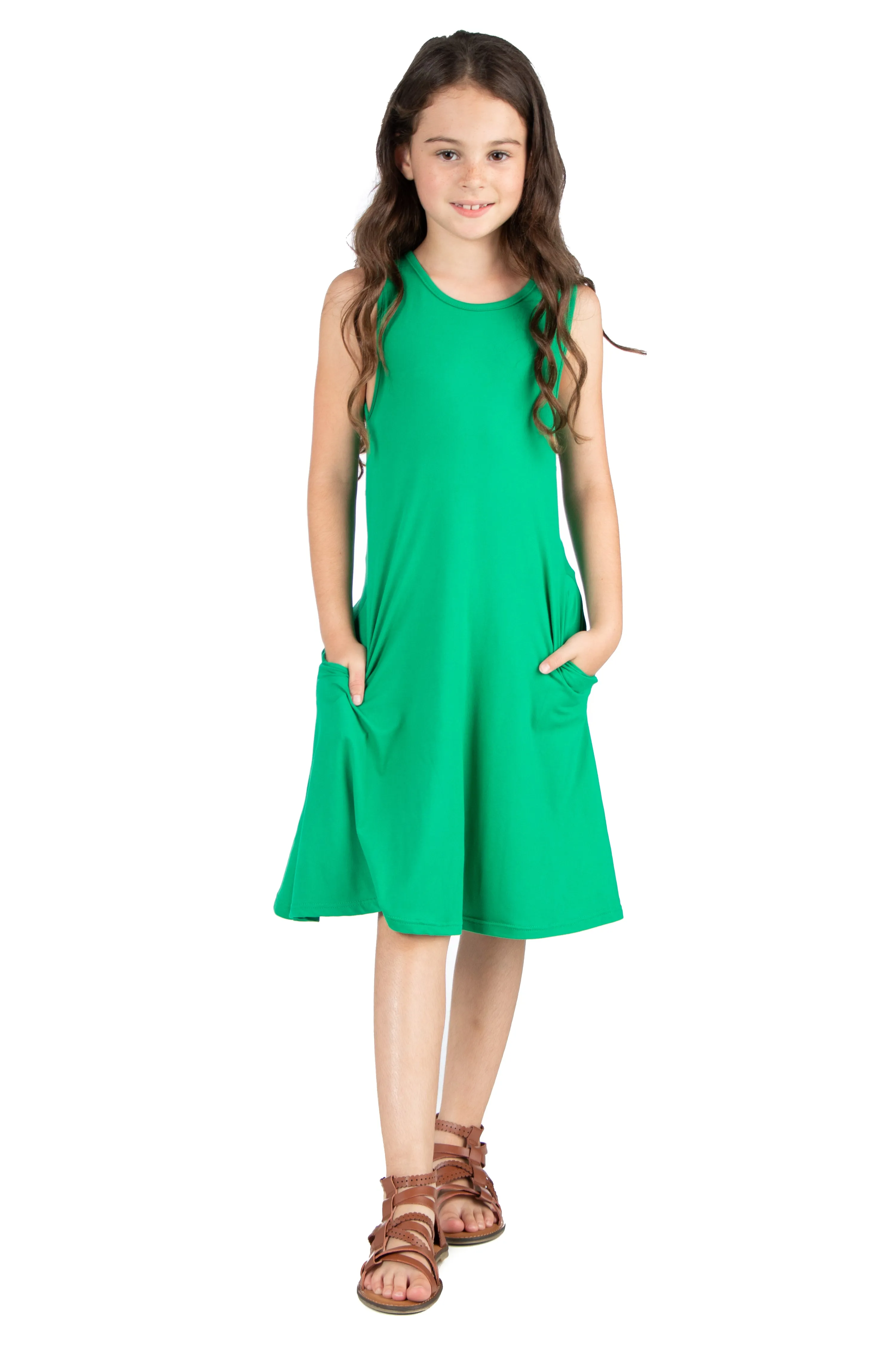24seven Comfort Apparel Girls Sleeveless Pocket Swing Dress Machine Washable