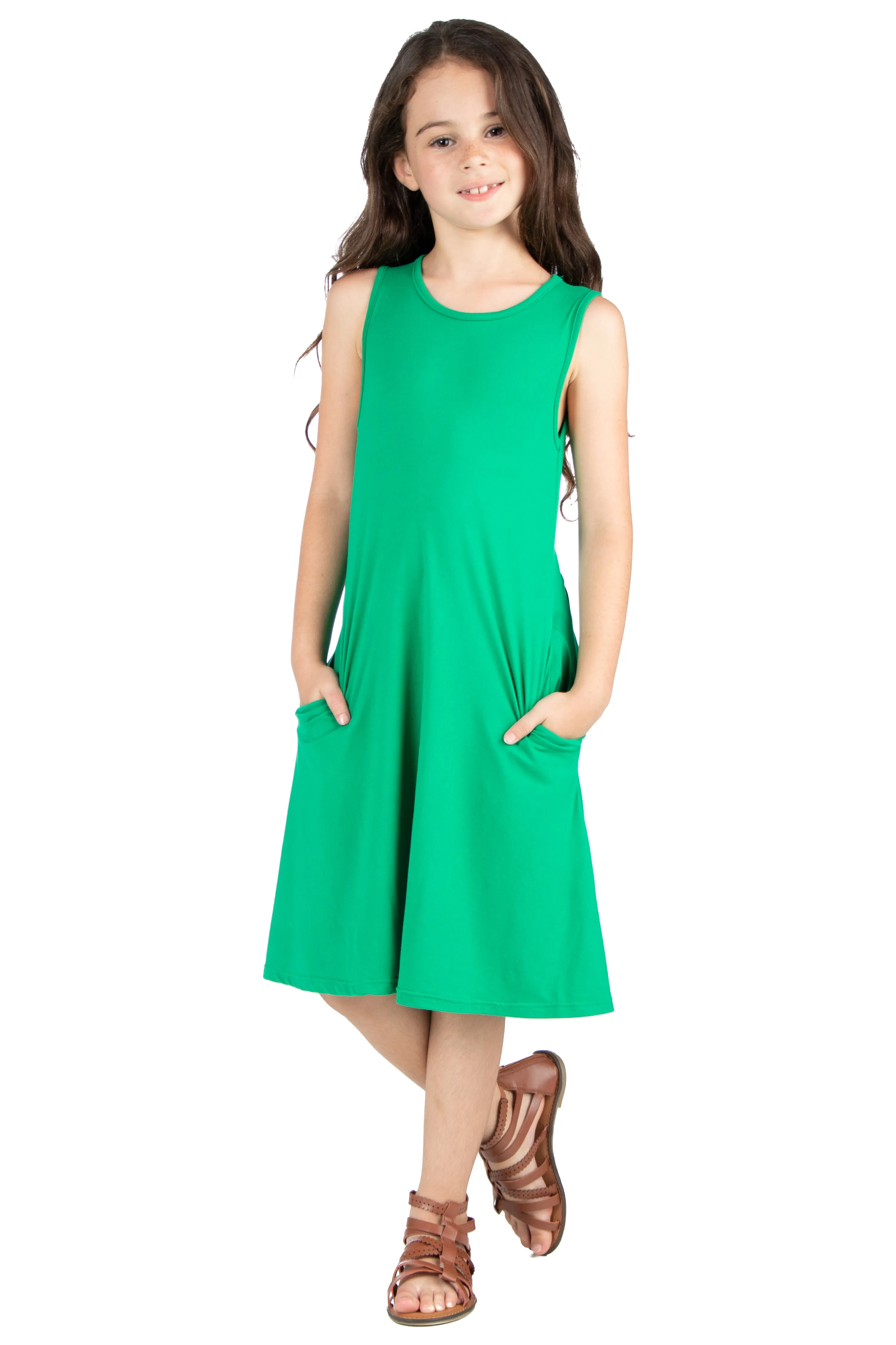 24seven Comfort Apparel Girls Sleeveless Pocket Swing Dress Machine Washable