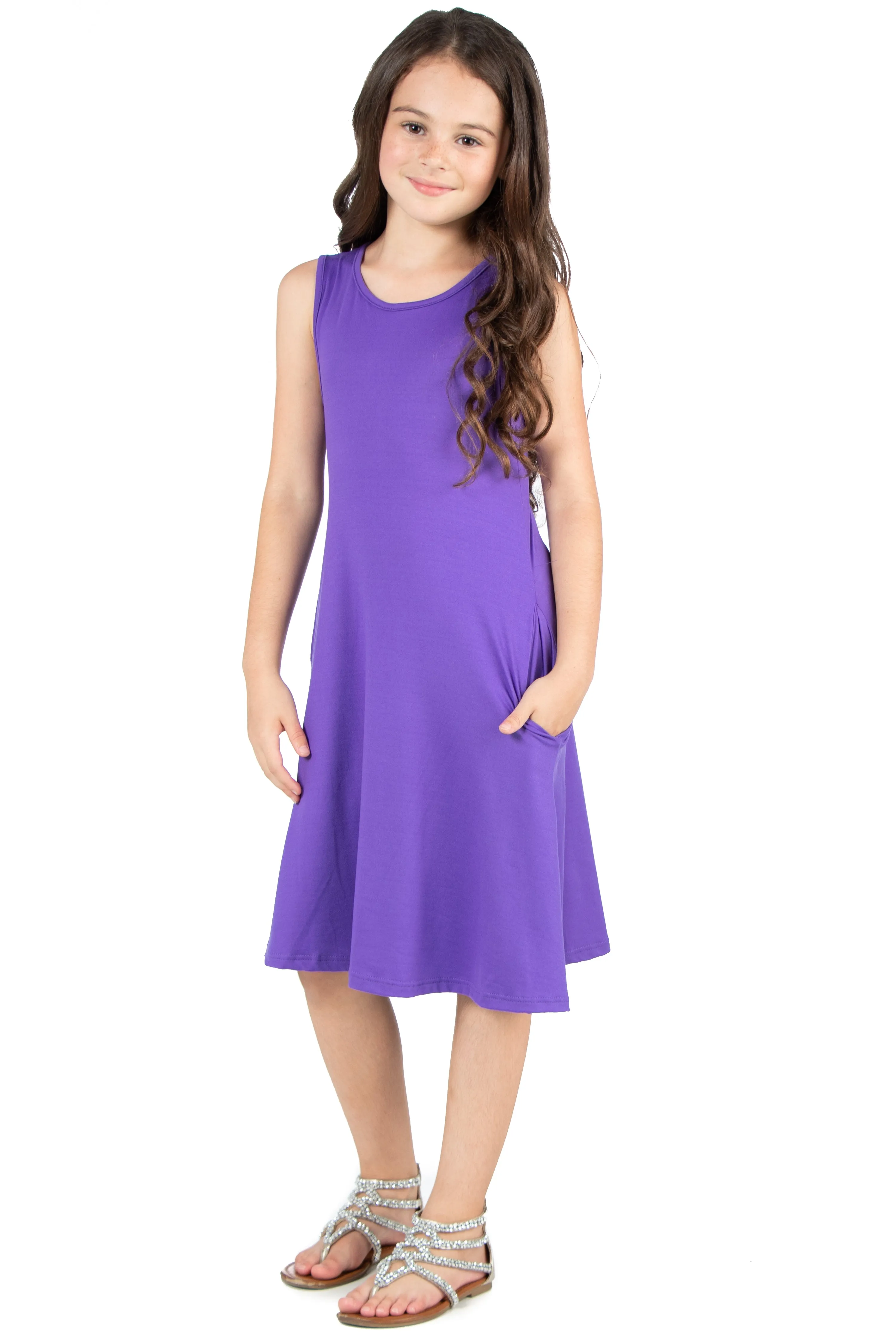 24seven Comfort Apparel Girls Sleeveless Pocket Swing Dress Machine Washable