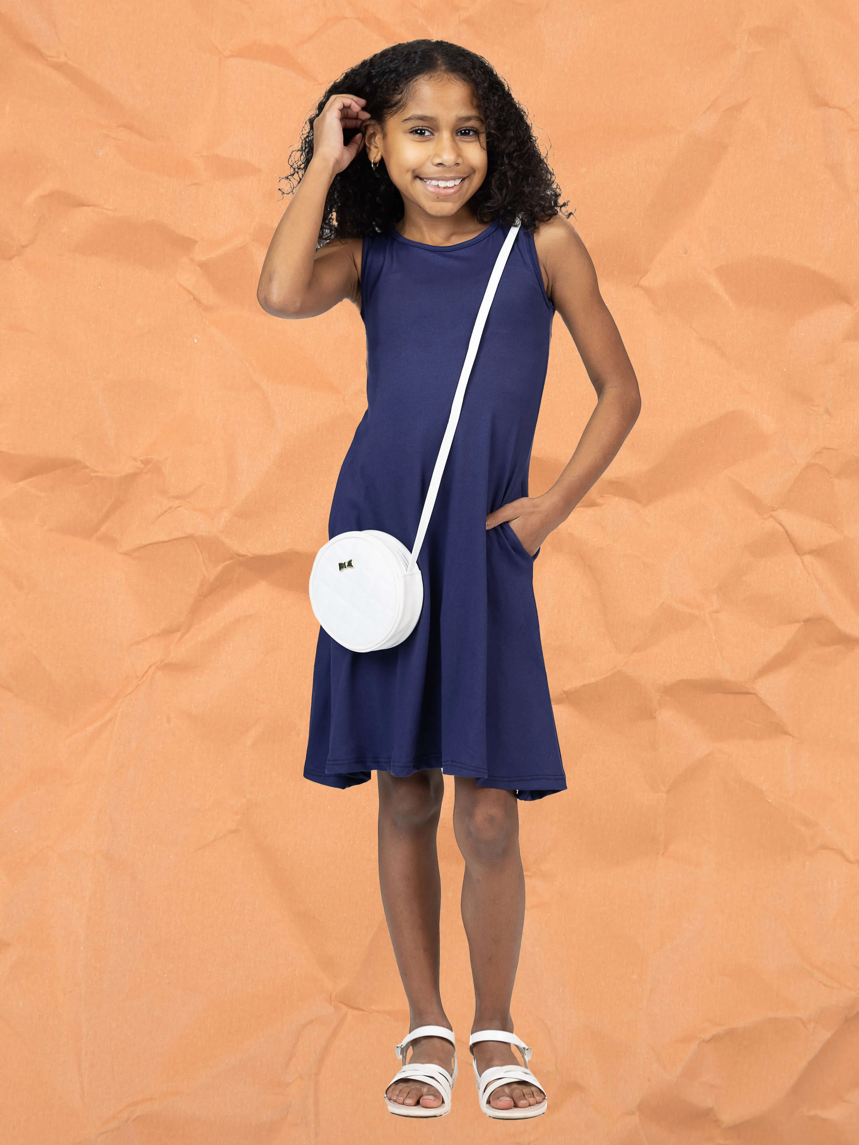 24seven Comfort Apparel Girls Sleeveless Pocket Swing Dress Machine Washable