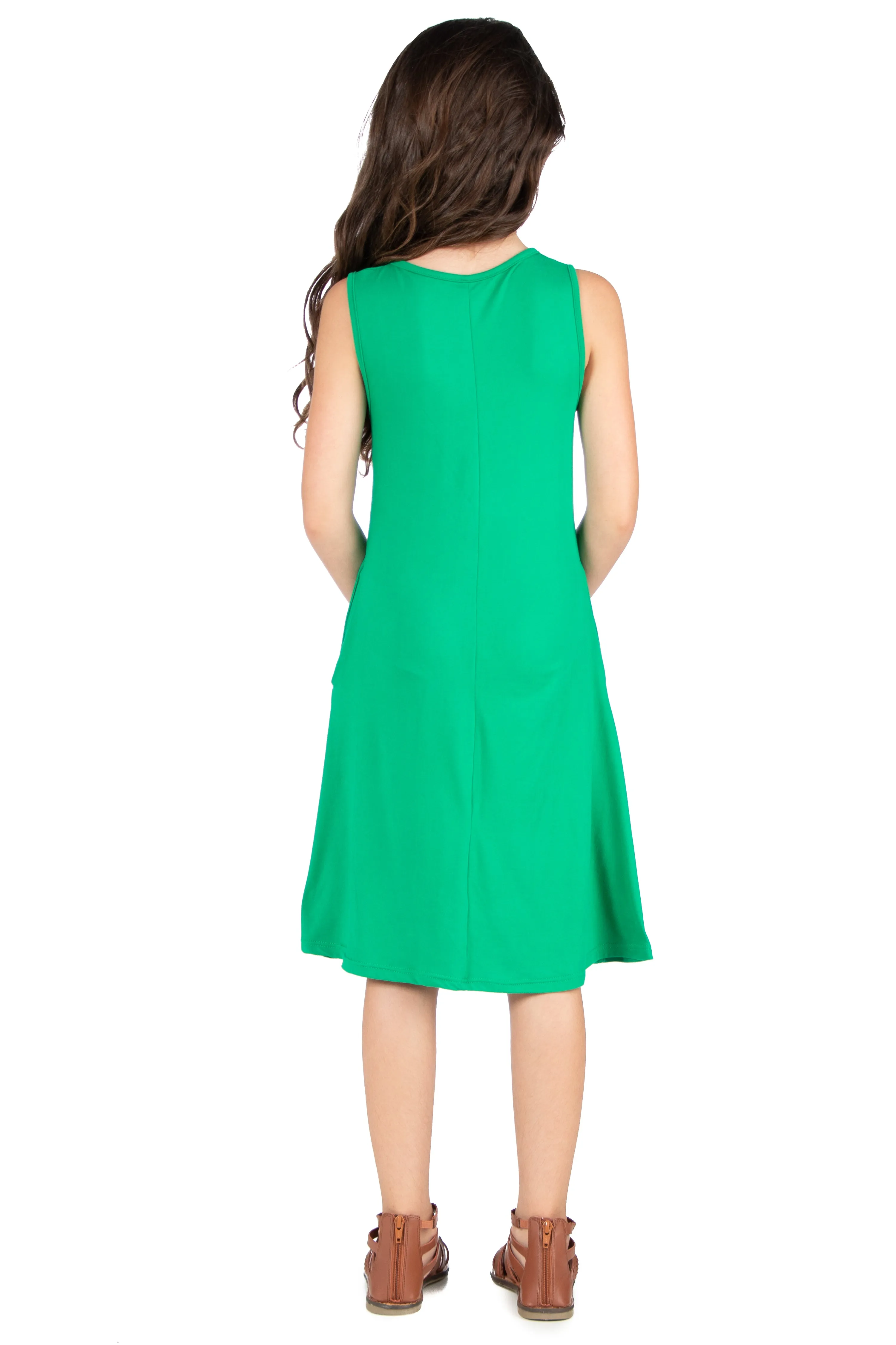 24seven Comfort Apparel Girls Sleeveless Pocket Swing Dress Machine Washable