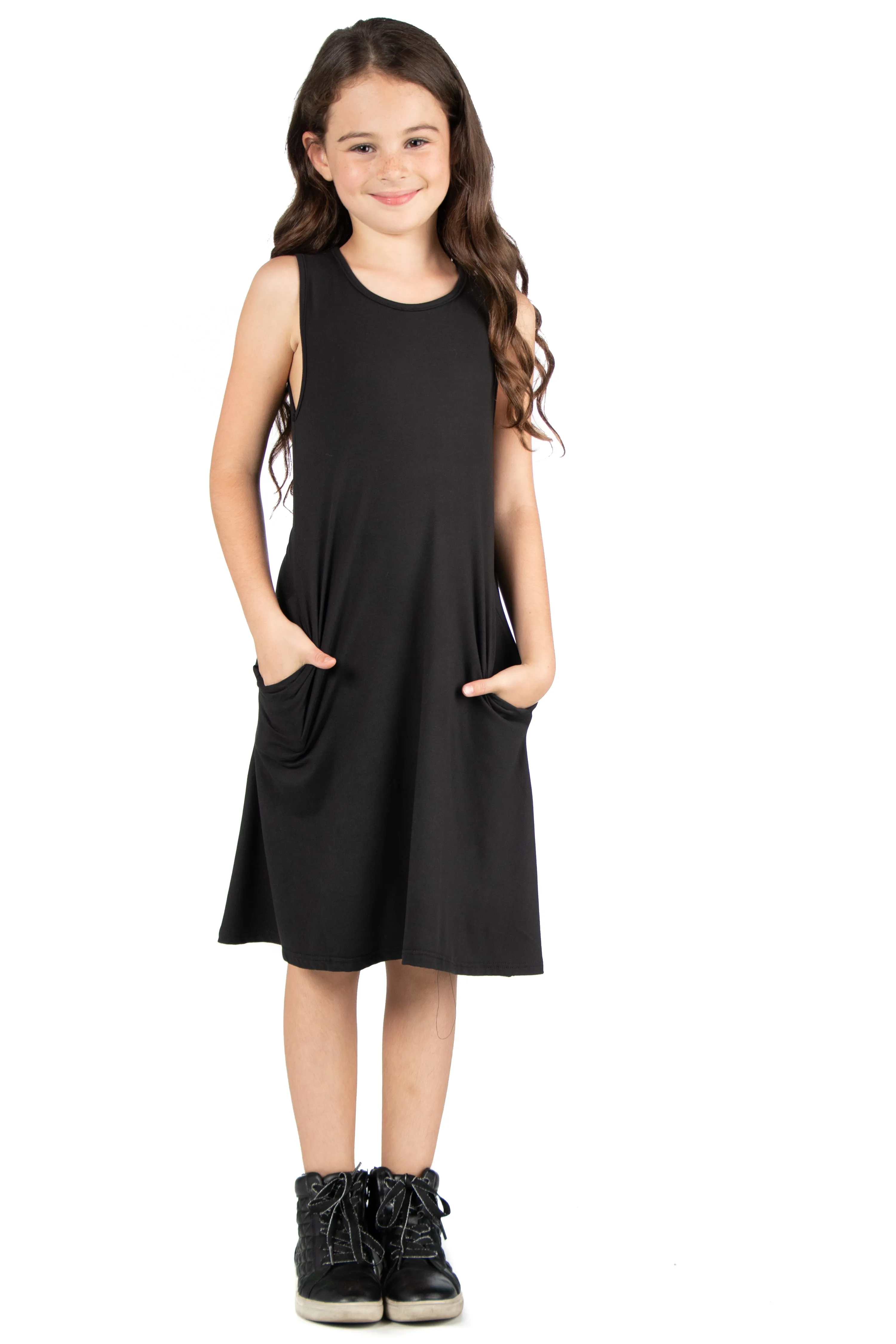 24seven Comfort Apparel Girls Sleeveless Pocket Swing Dress Machine Washable