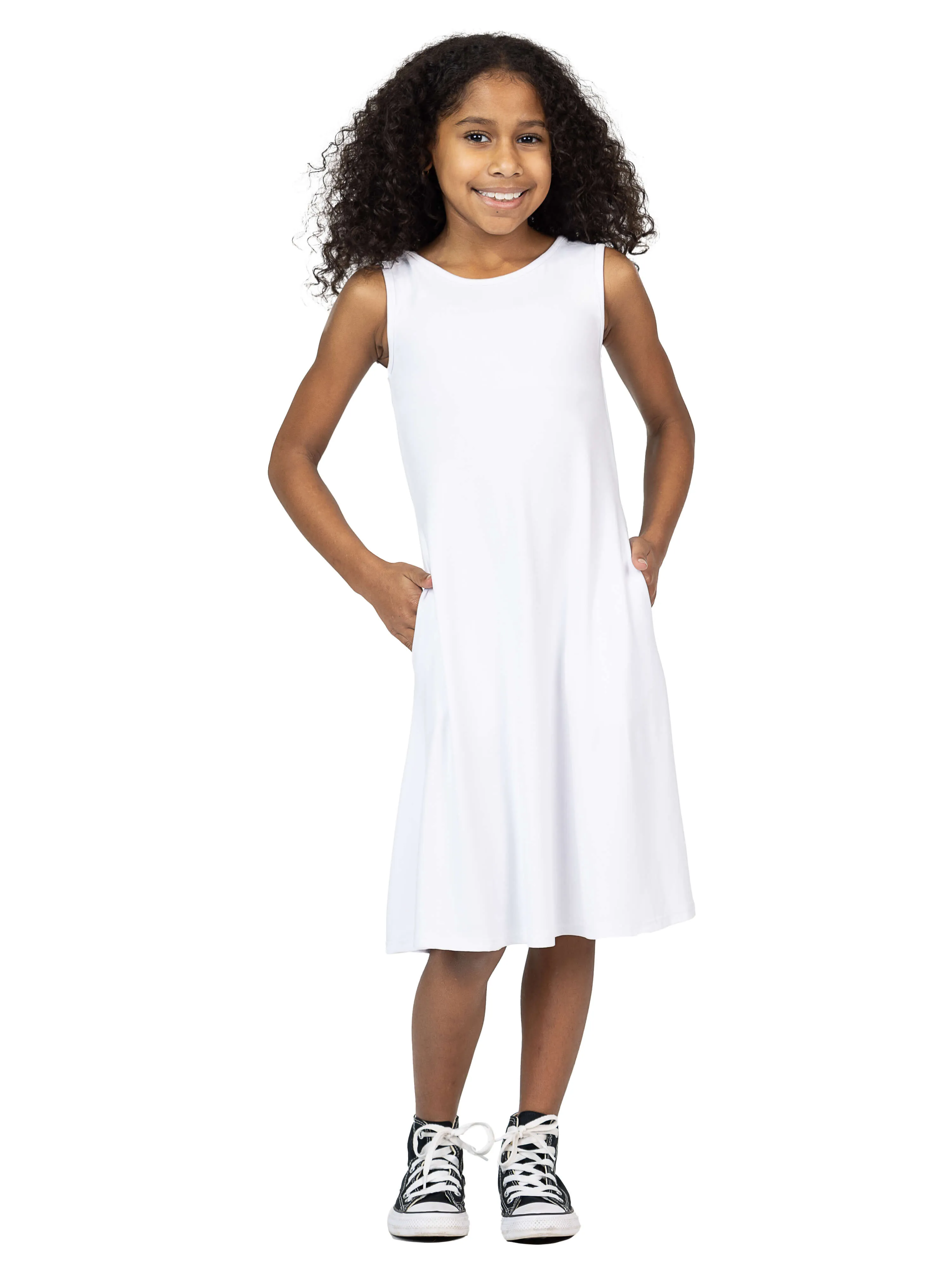 24seven Comfort Apparel Girls Sleeveless Pocket Swing Dress Machine Washable