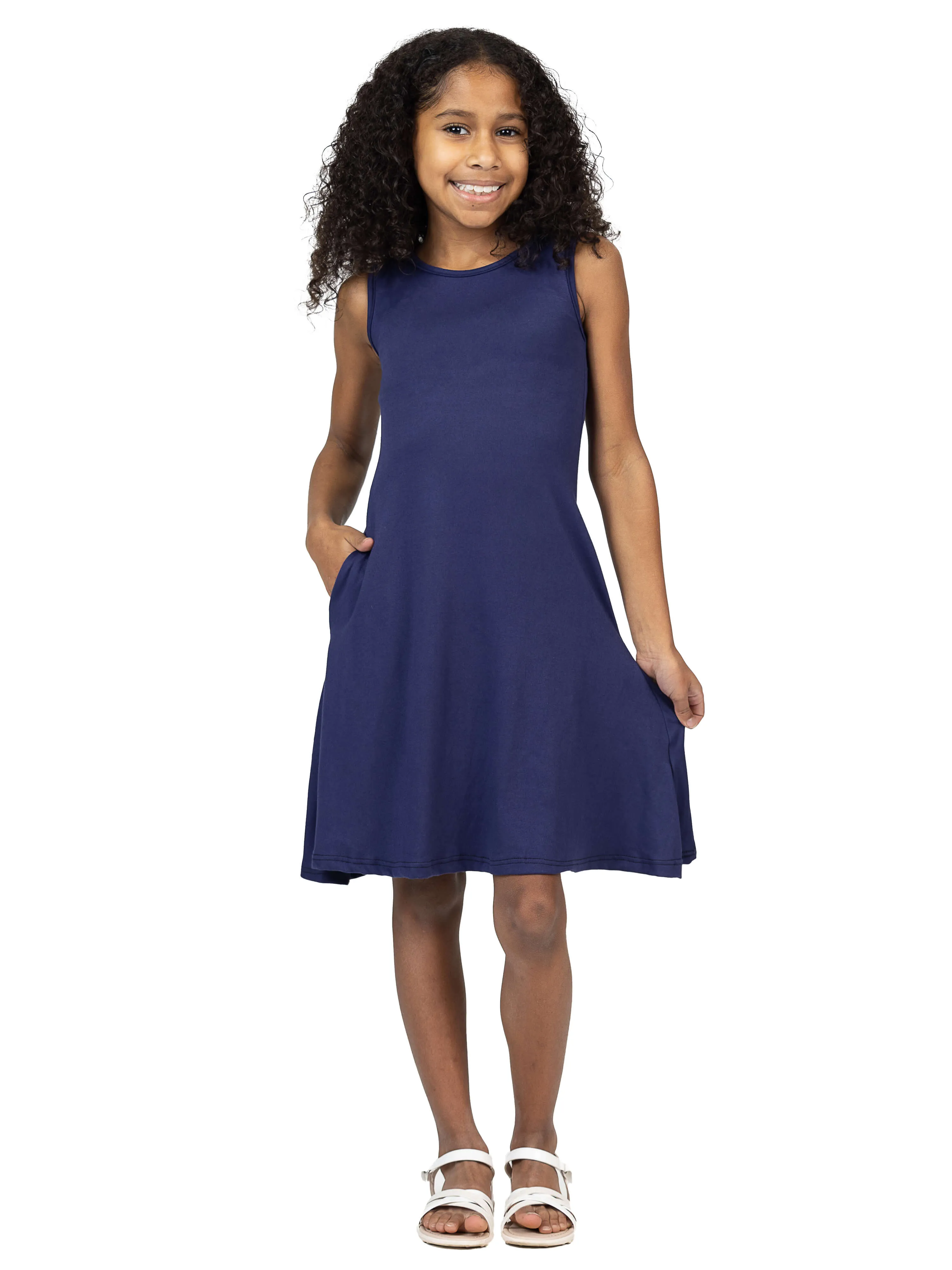 24seven Comfort Apparel Girls Sleeveless Pocket Swing Dress Machine Washable