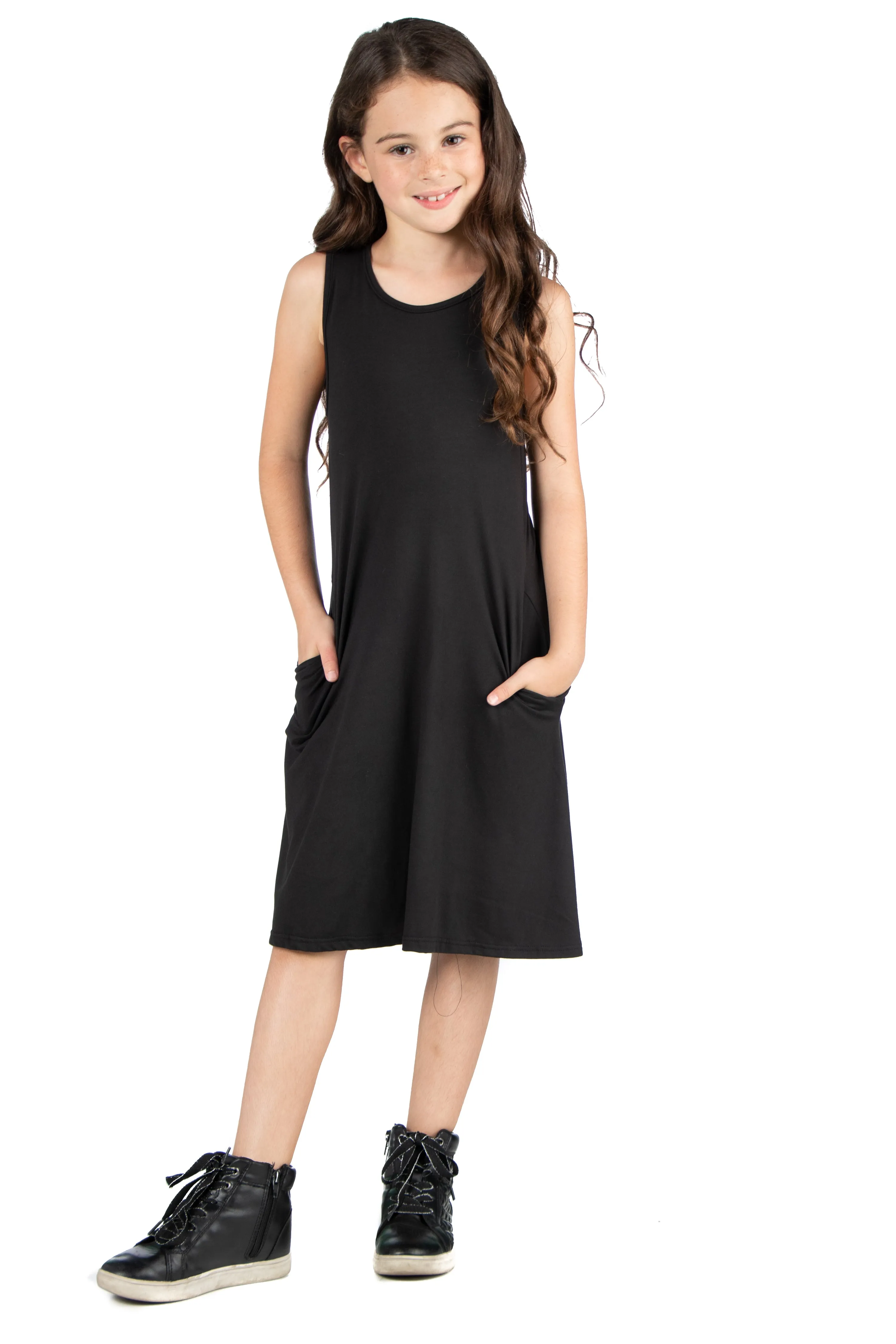 24seven Comfort Apparel Girls Sleeveless Pocket Swing Dress Machine Washable