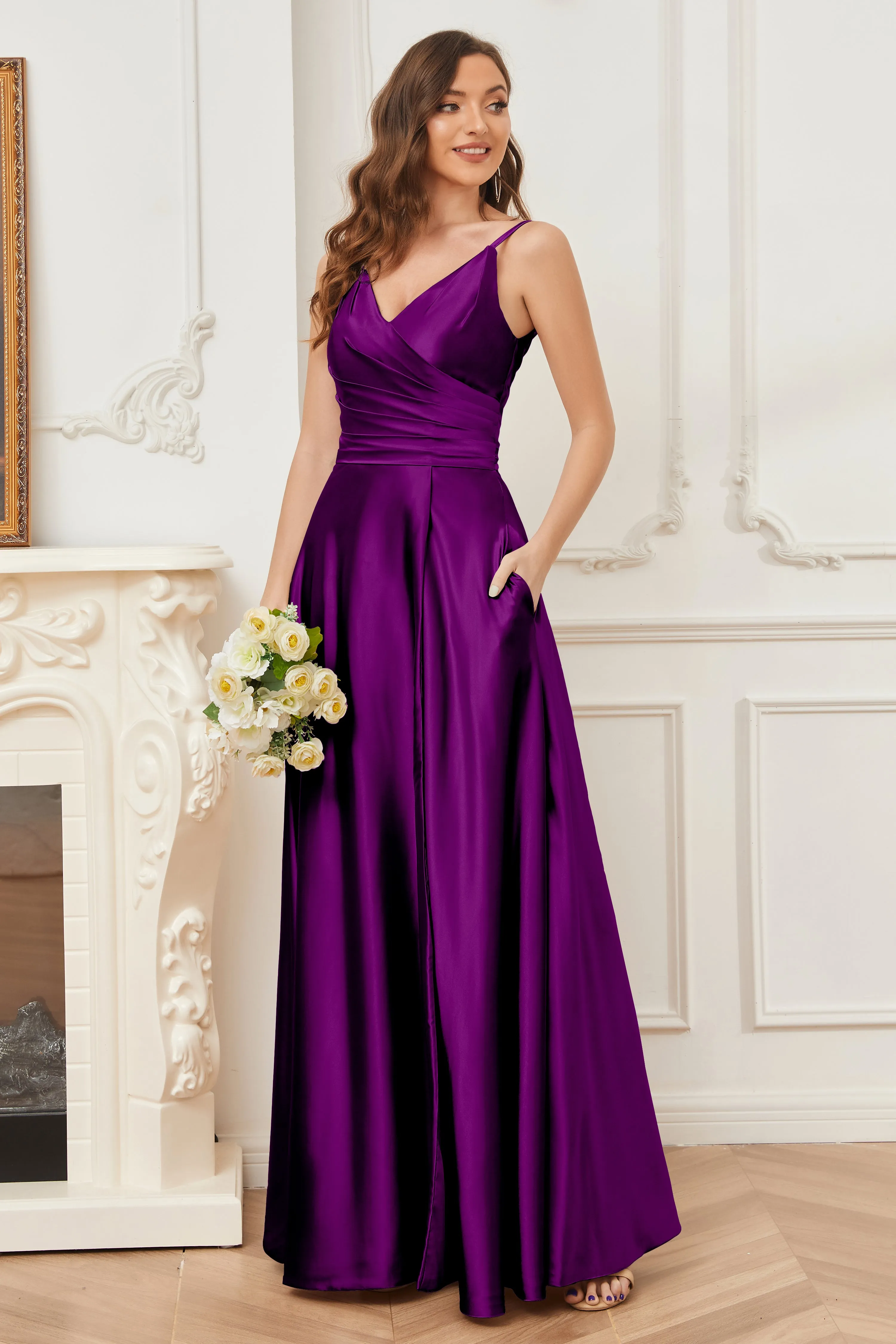 A-line V-neck Soft Satin Long Bridesmaid Dress with Pockets