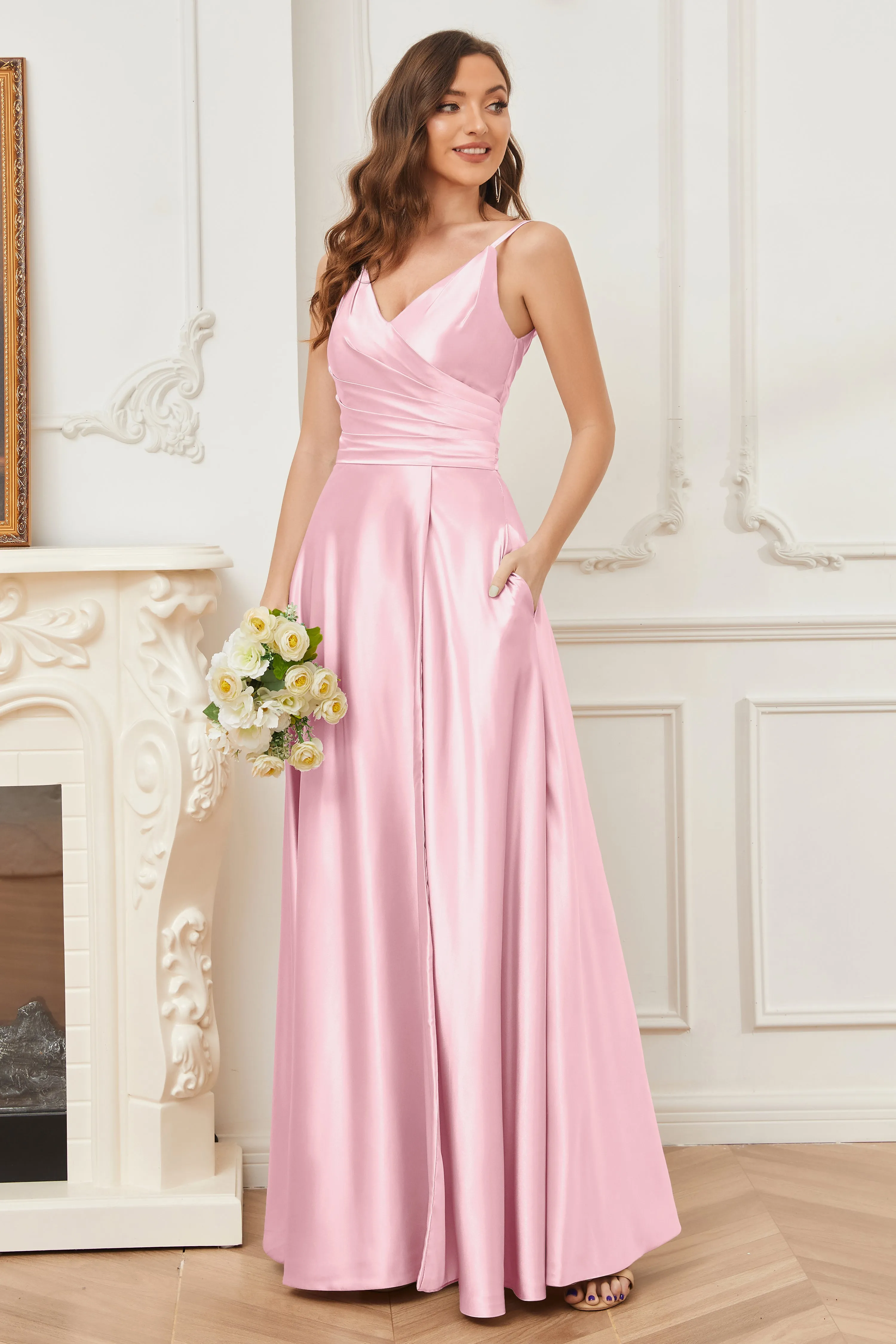 A-line V-neck Soft Satin Long Bridesmaid Dress with Pockets