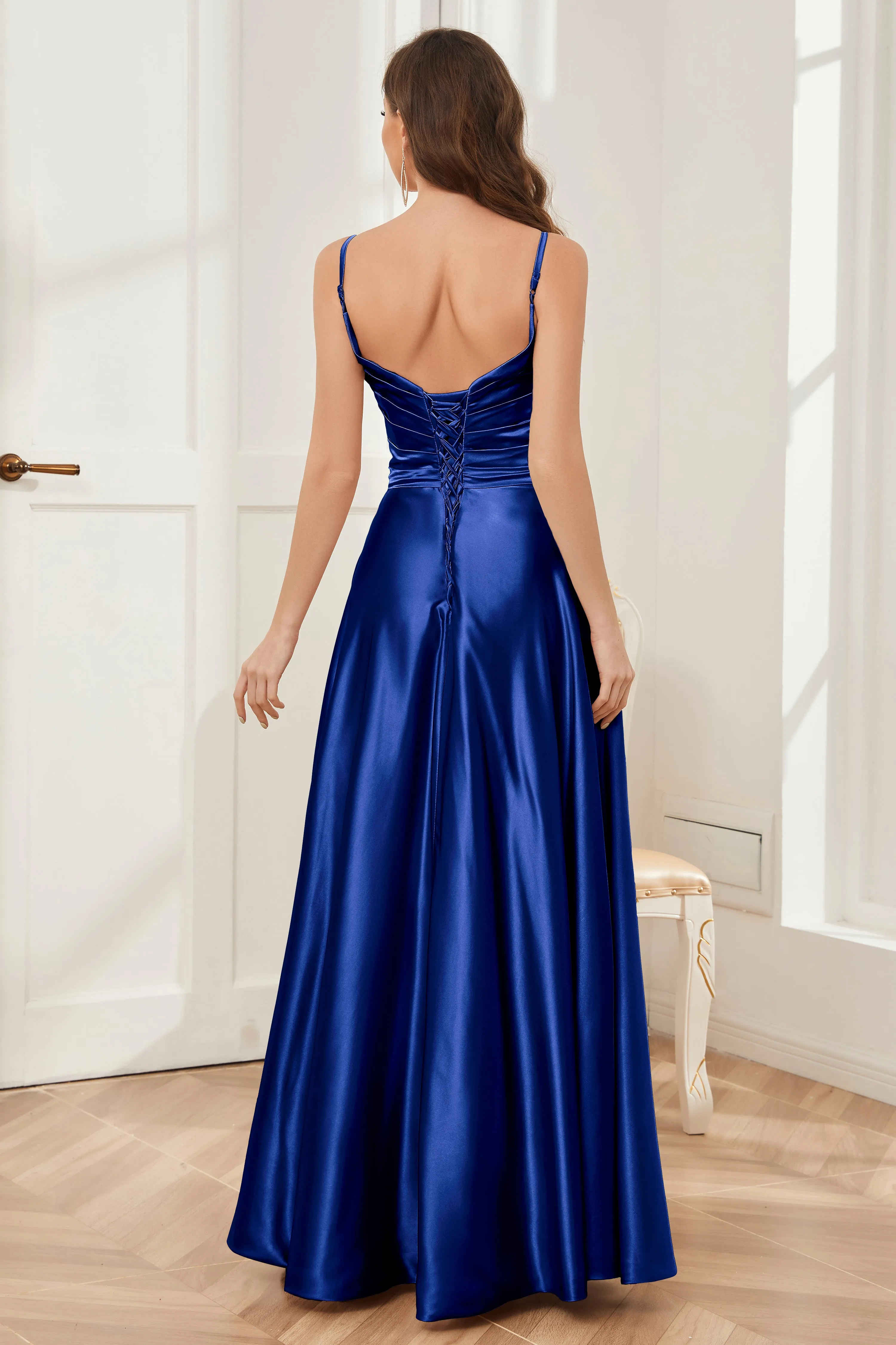 A-line V-neck Soft Satin Long Bridesmaid Dress with Pockets