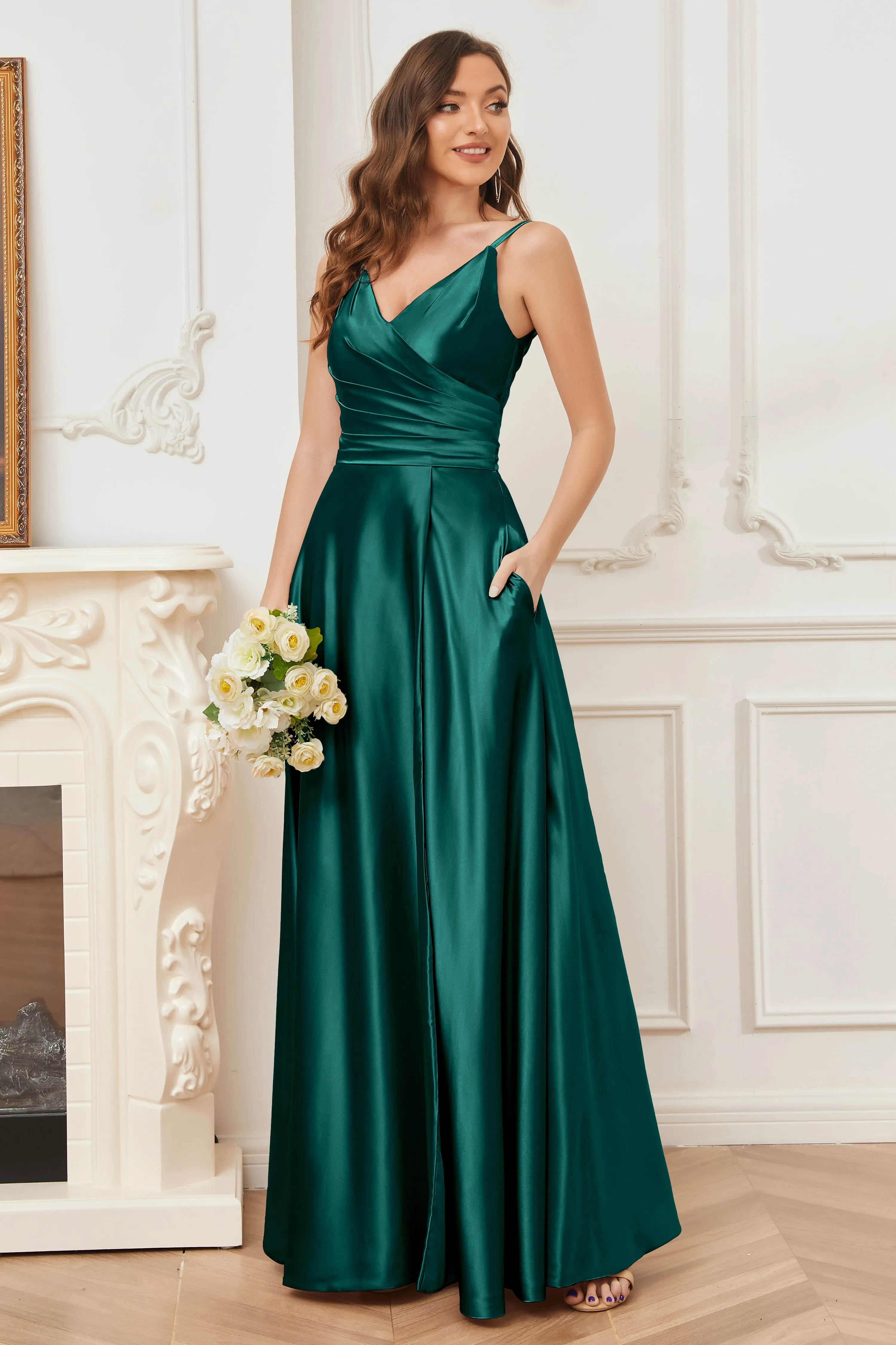 A-line V-neck Soft Satin Long Bridesmaid Dress with Pockets