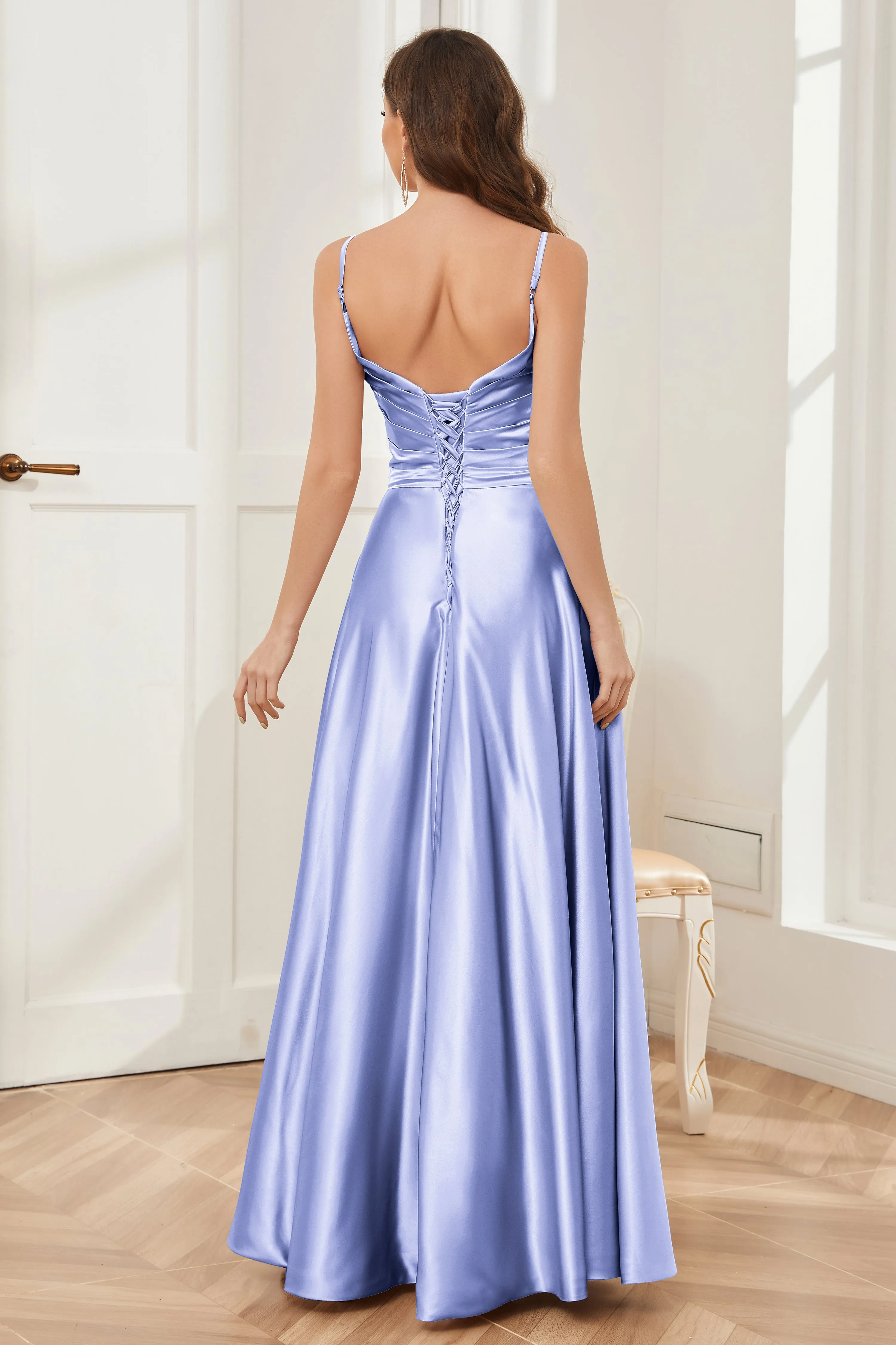 A-line V-neck Soft Satin Long Bridesmaid Dress with Pockets