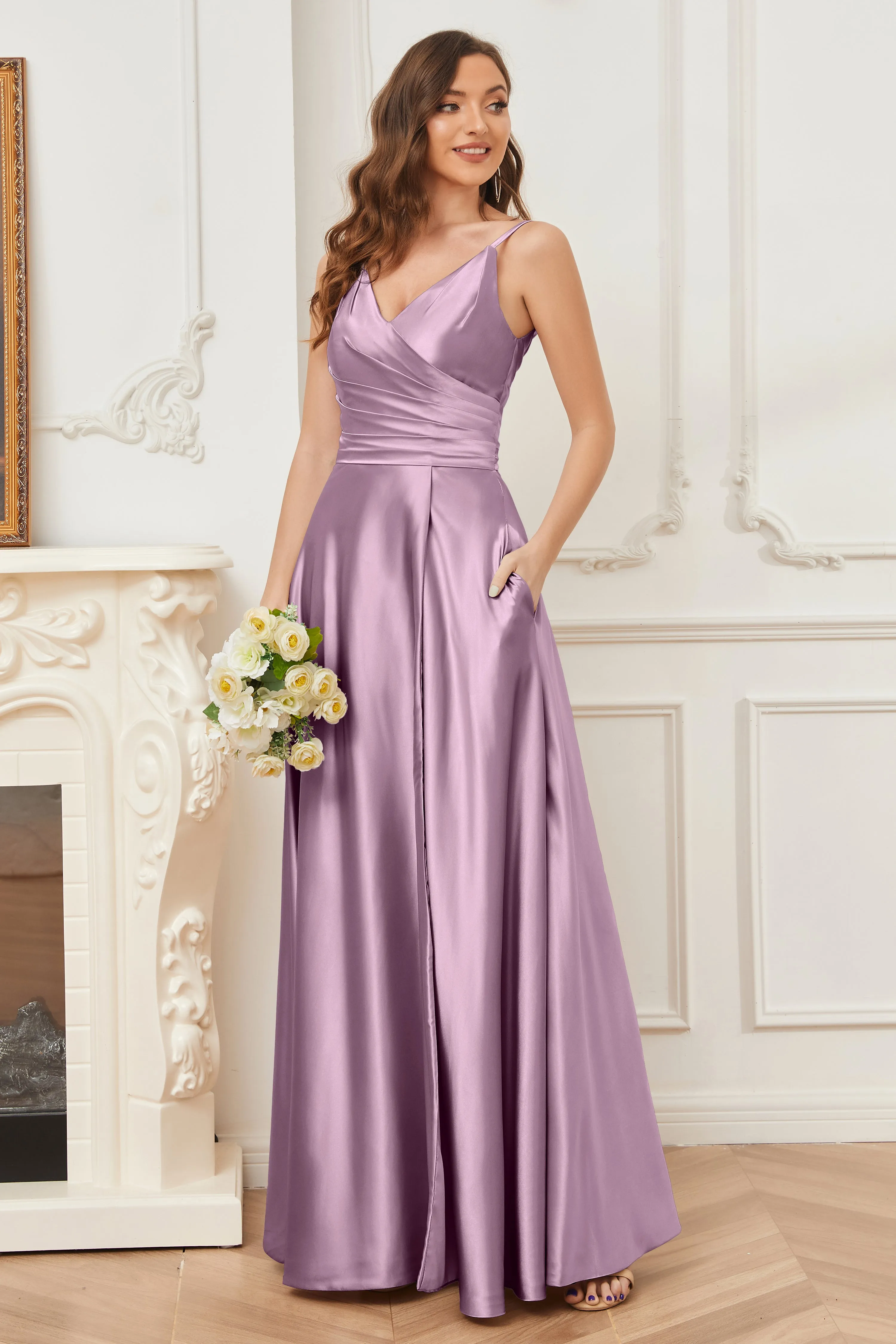 A-line V-neck Soft Satin Long Bridesmaid Dress with Pockets