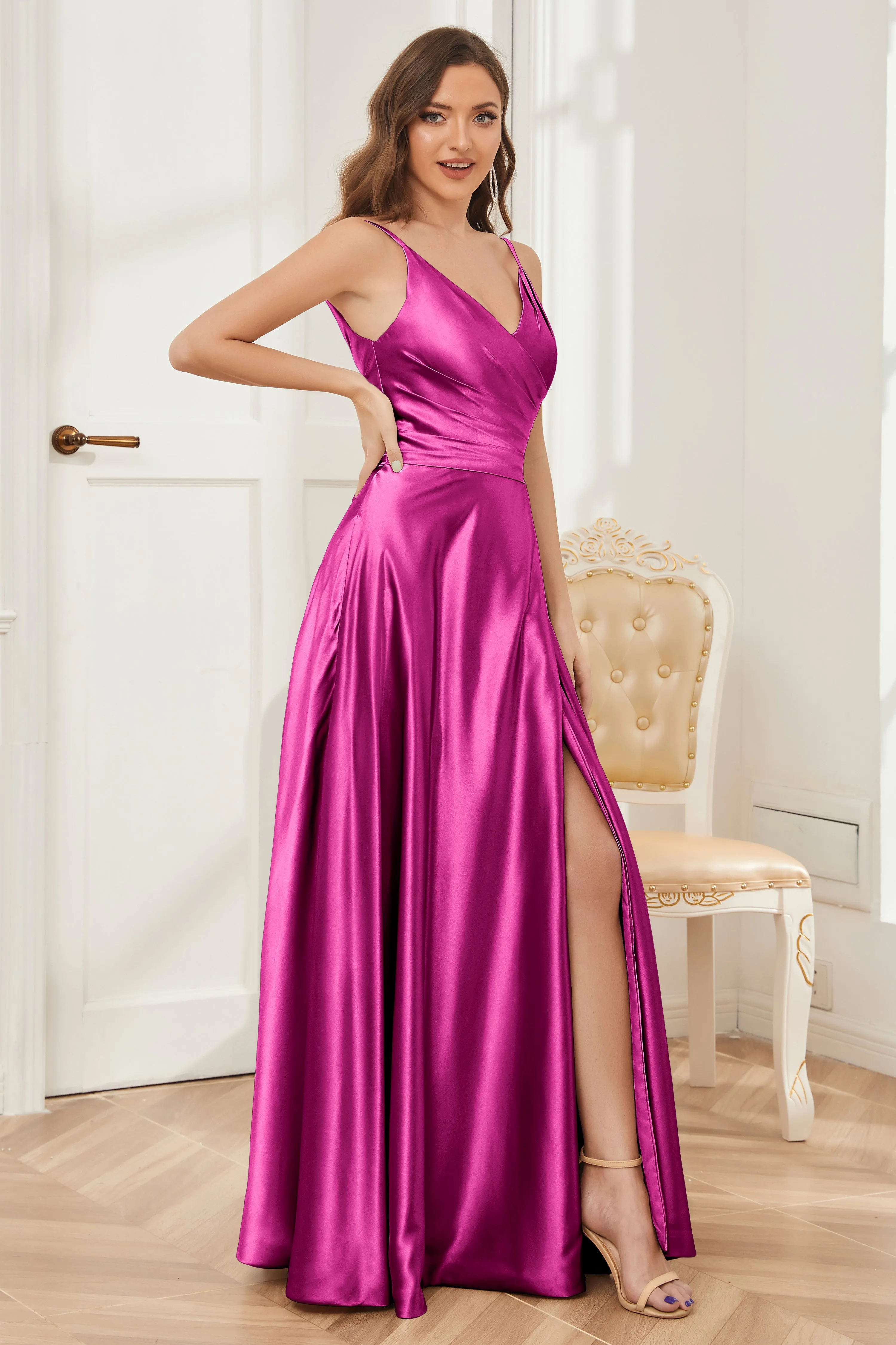 A-line V-neck Soft Satin Long Bridesmaid Dress with Pockets