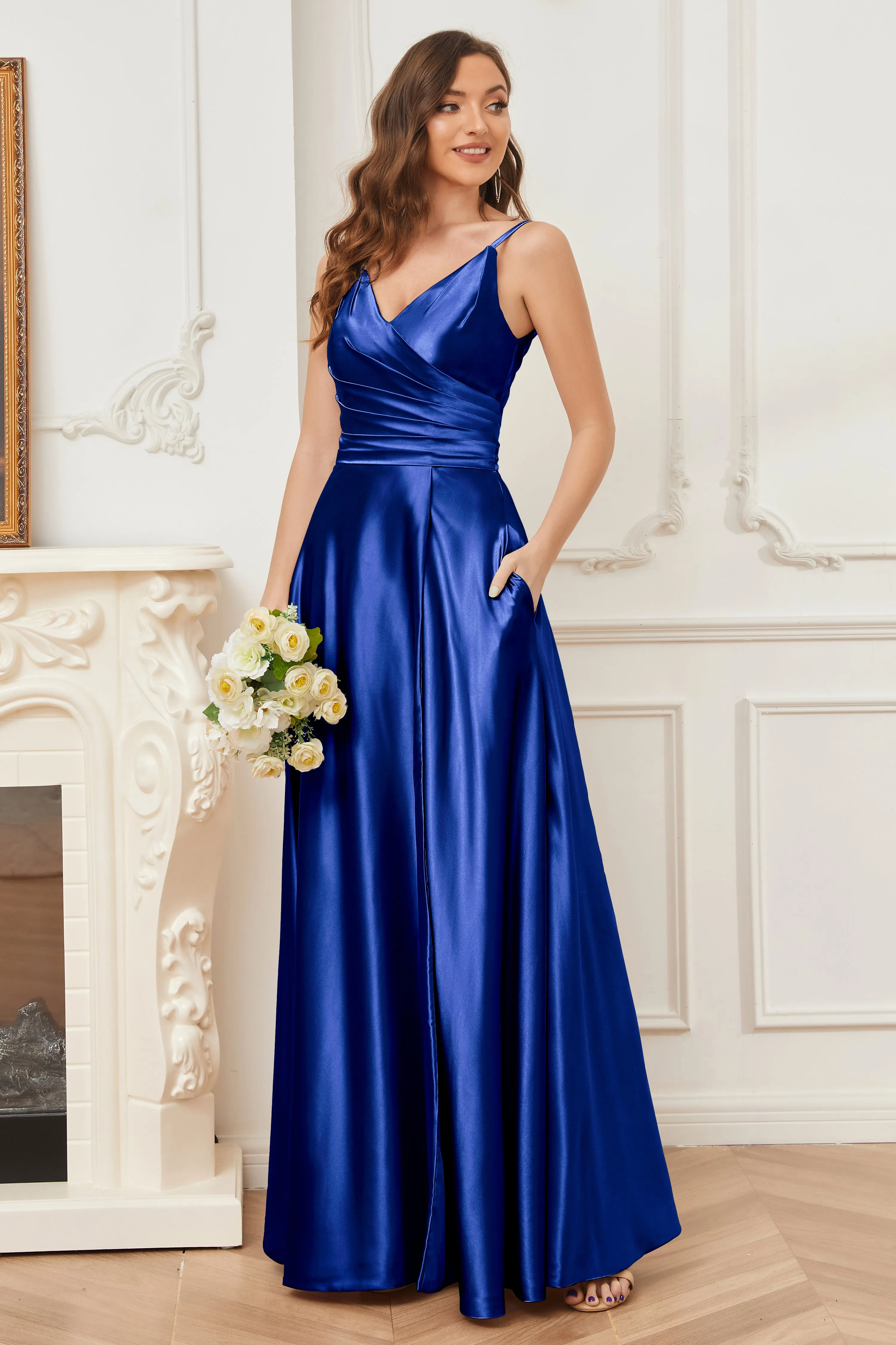 A-line V-neck Soft Satin Long Bridesmaid Dress with Pockets