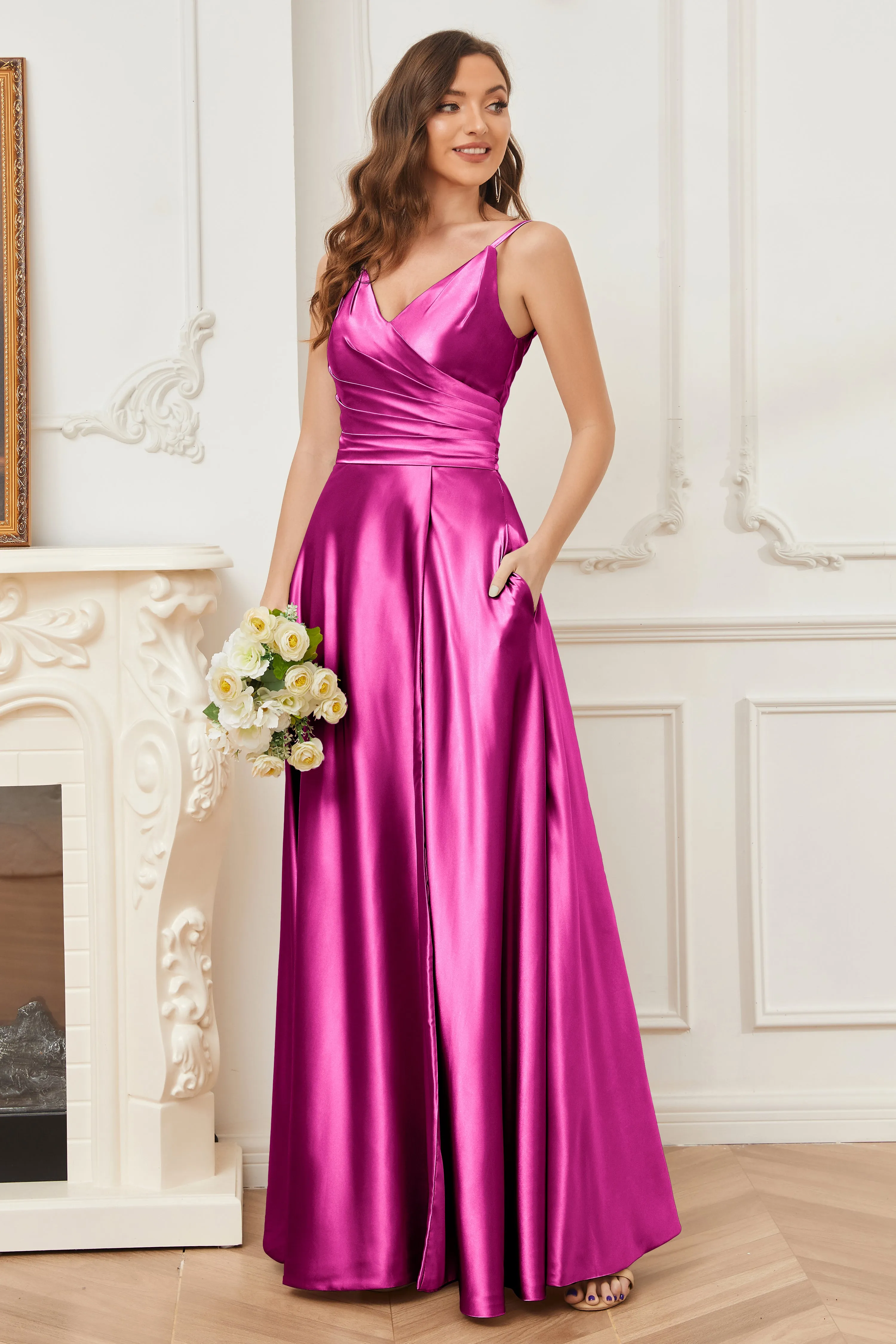 A-line V-neck Soft Satin Long Bridesmaid Dress with Pockets