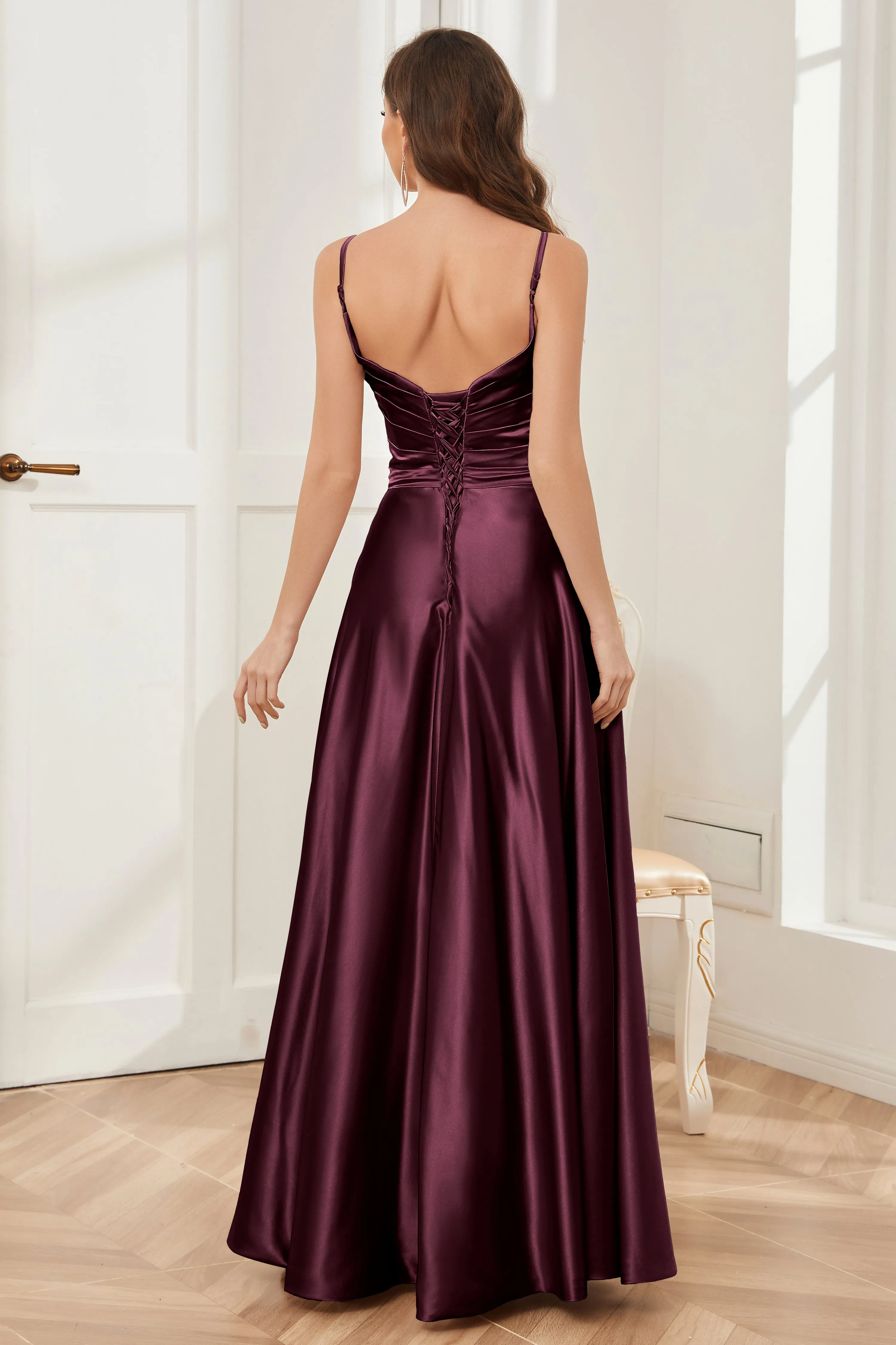 A-line V-neck Soft Satin Long Bridesmaid Dress with Pockets