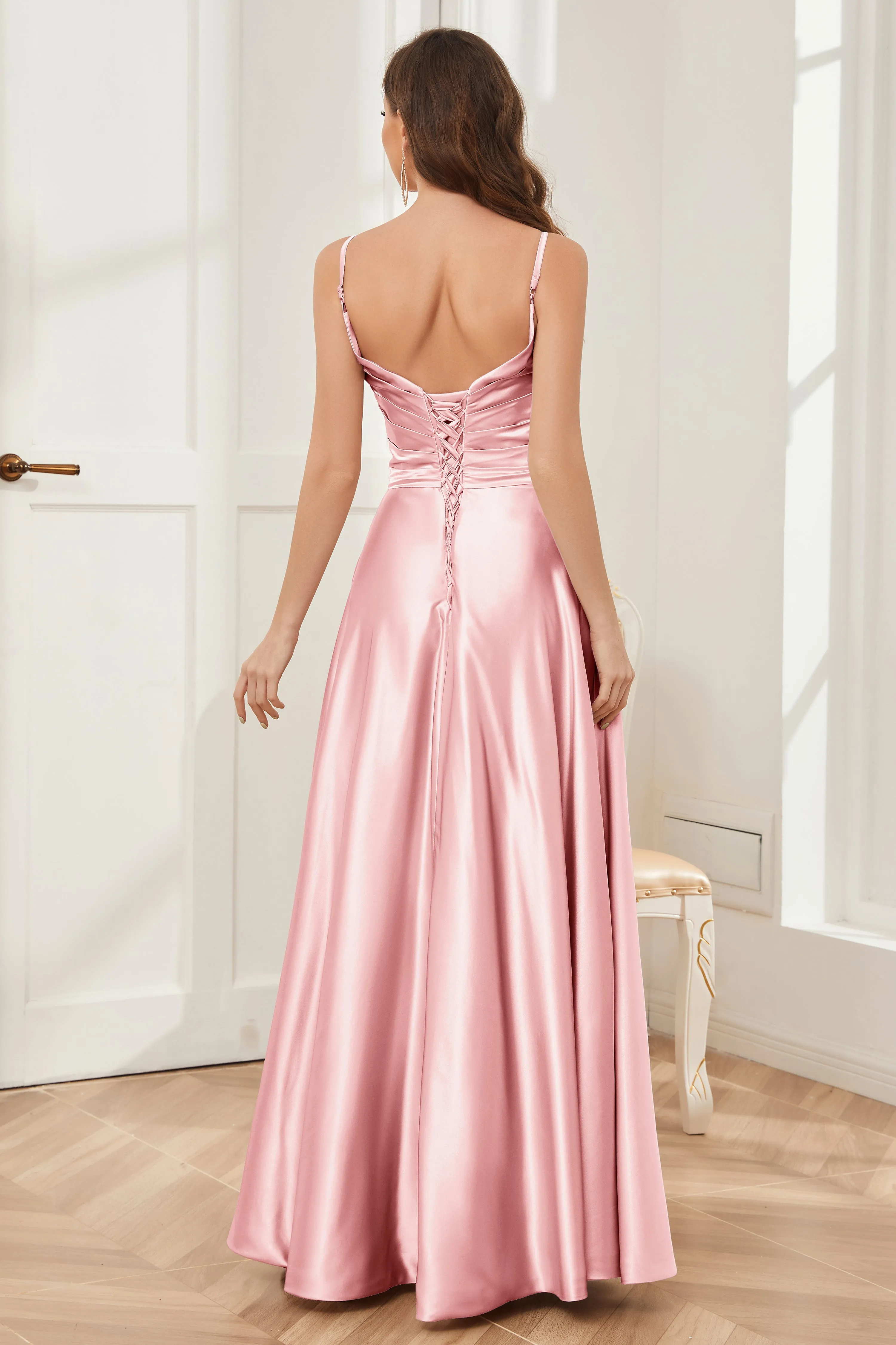 A-line V-neck Soft Satin Long Bridesmaid Dress with Pockets