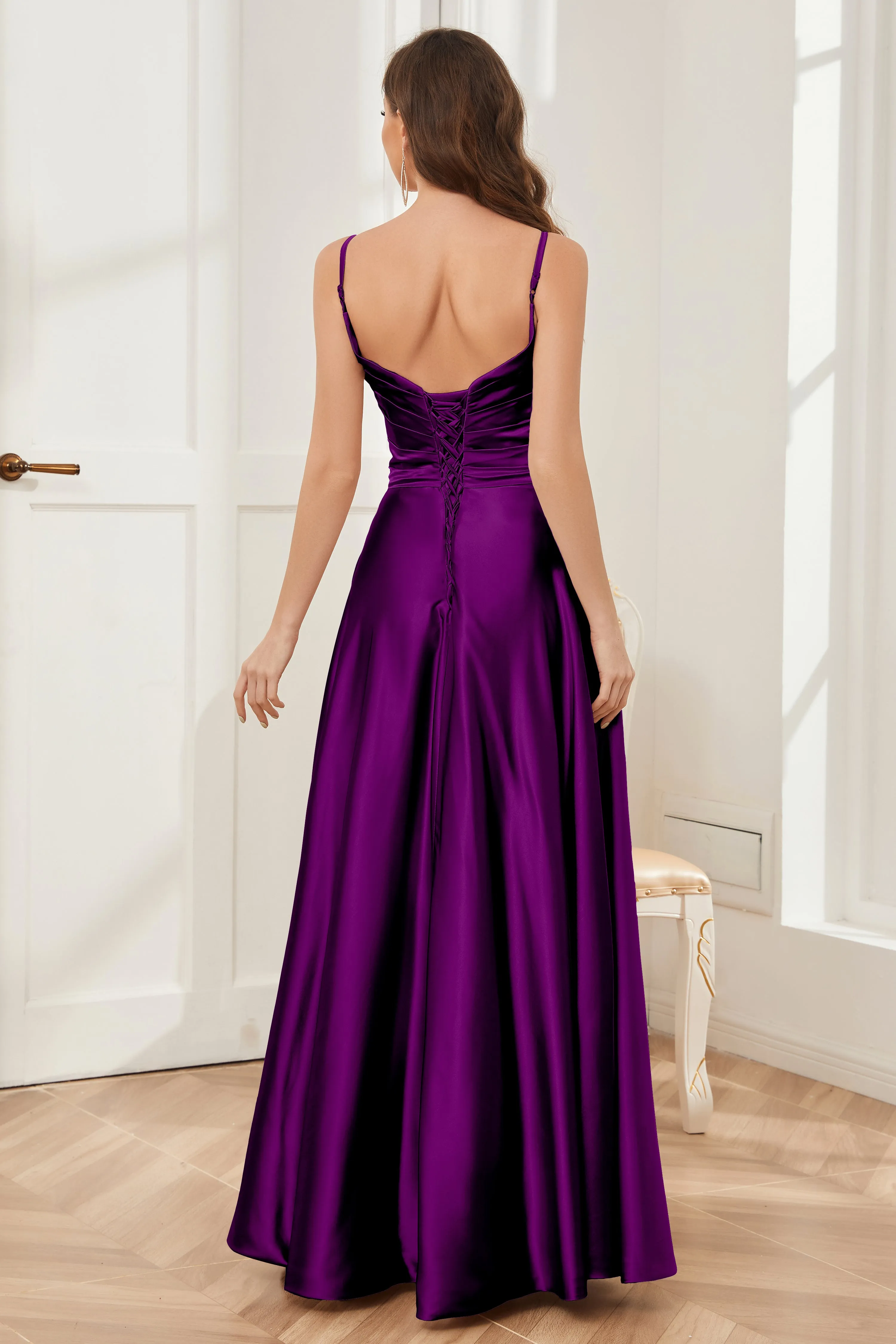 A-line V-neck Soft Satin Long Bridesmaid Dress with Pockets