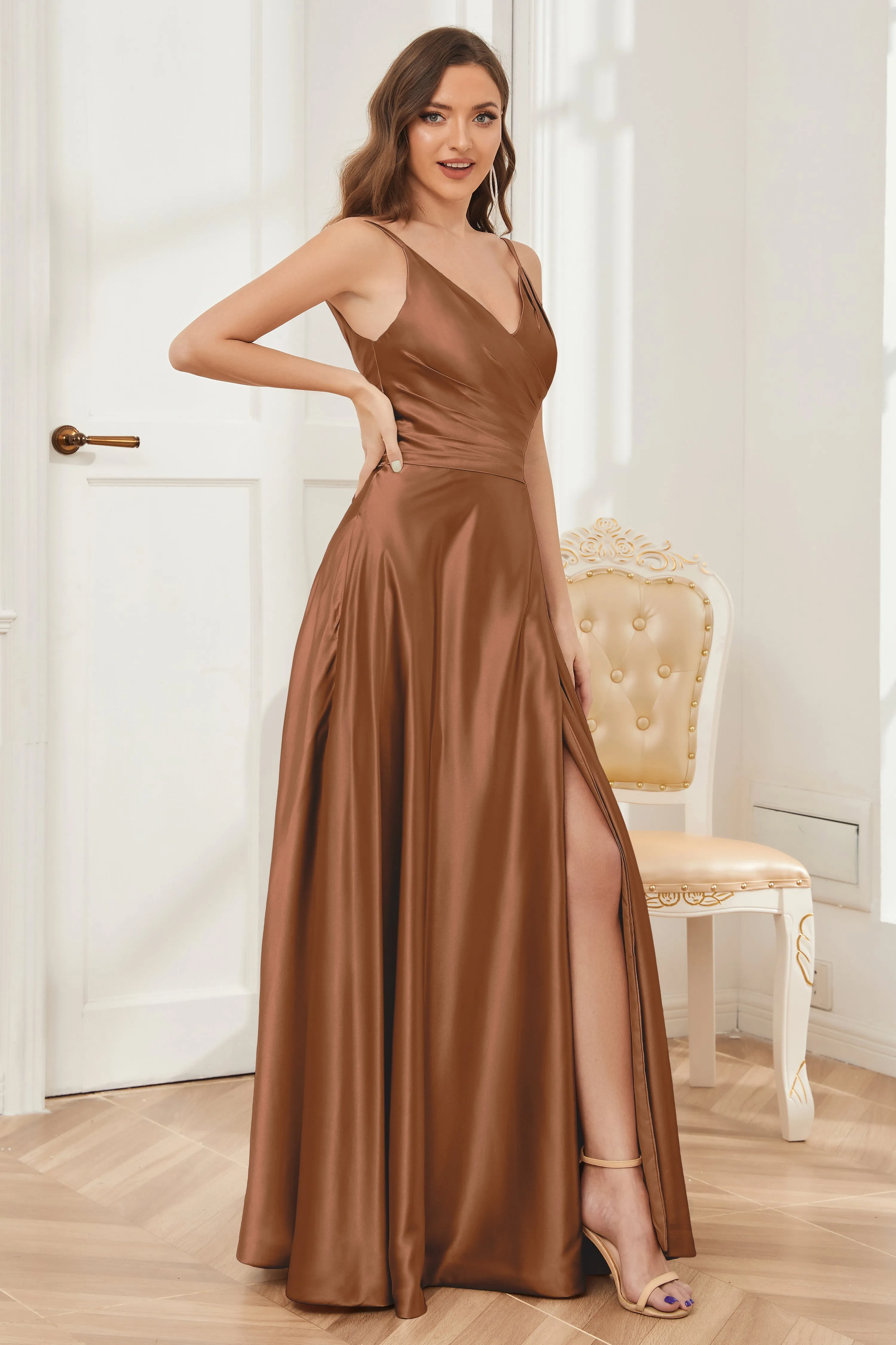 A-line V-neck Soft Satin Long Bridesmaid Dress with Pockets