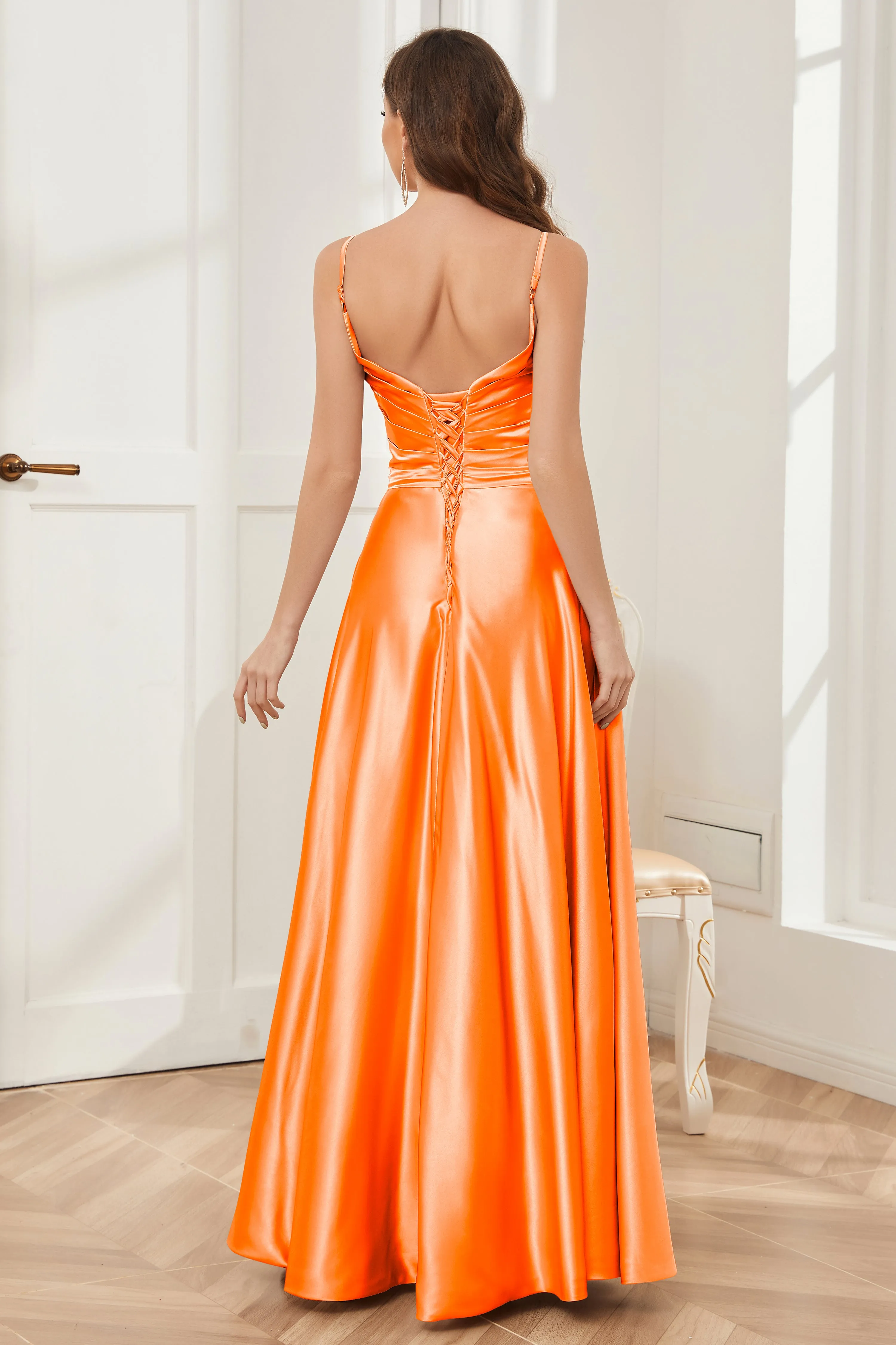 A-line V-neck Soft Satin Long Bridesmaid Dress with Pockets