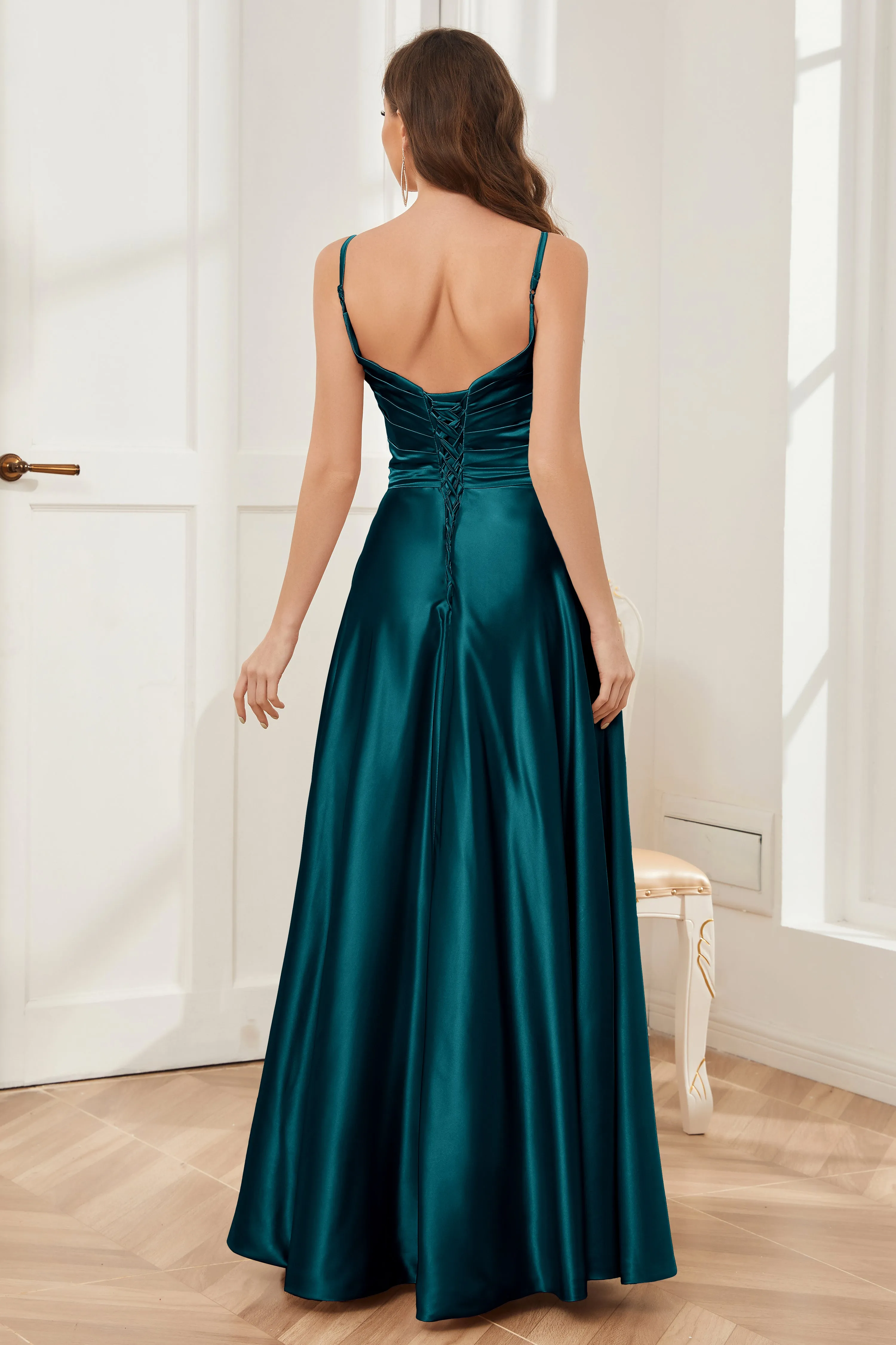 A-line V-neck Soft Satin Long Bridesmaid Dress with Pockets