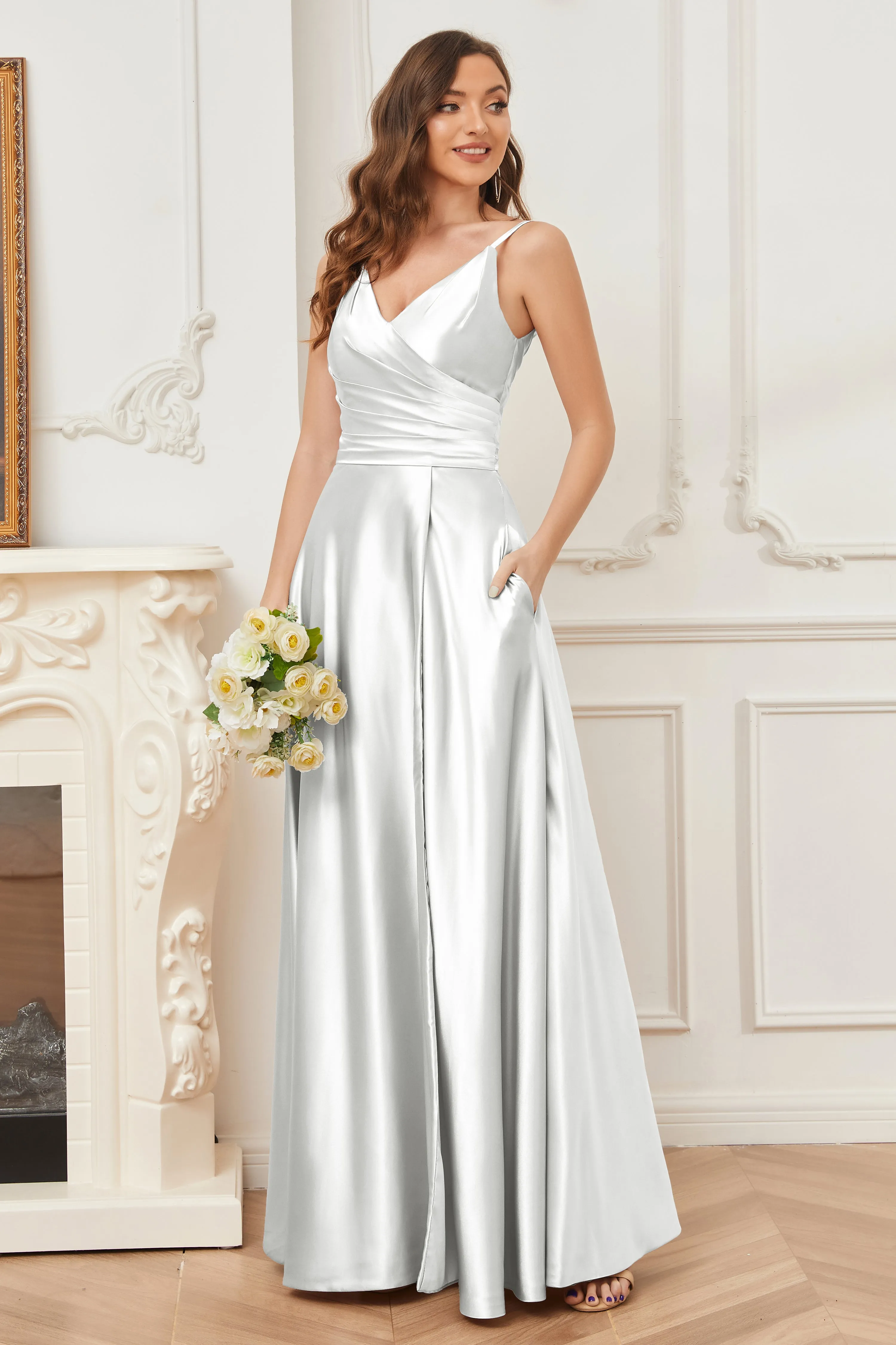 A-line V-neck Soft Satin Long Bridesmaid Dress with Pockets