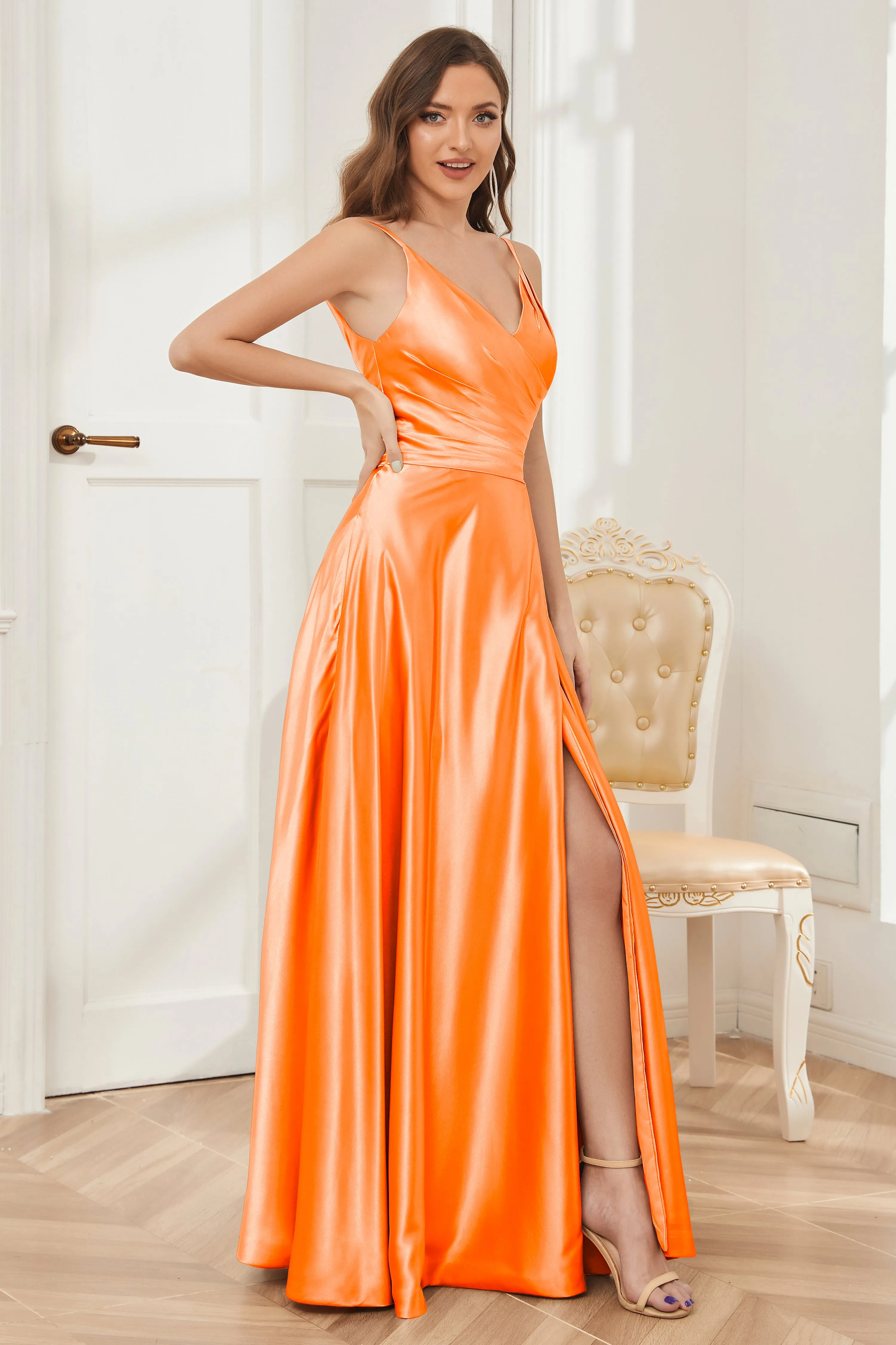 A-line V-neck Soft Satin Long Bridesmaid Dress with Pockets