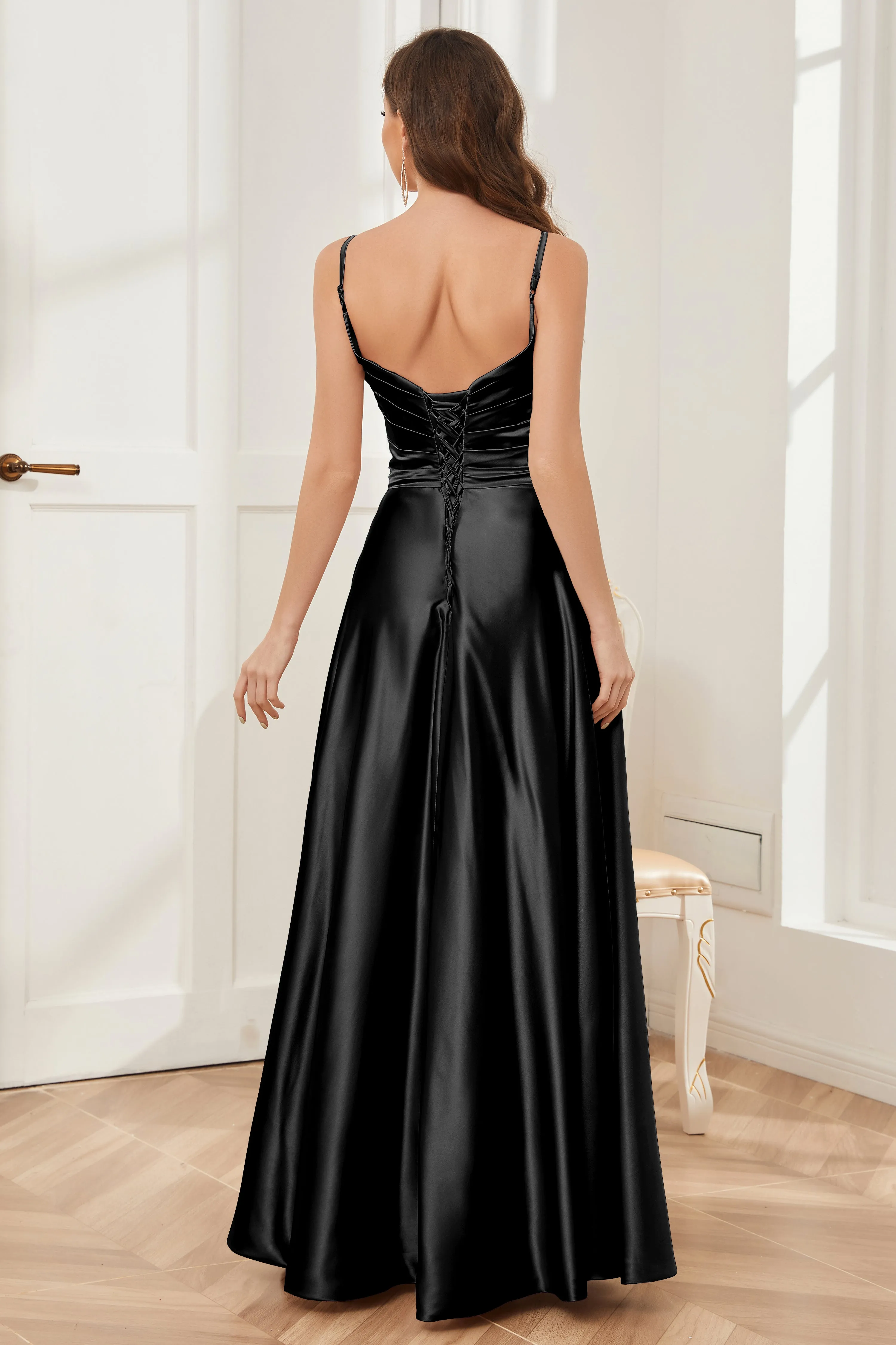 A-line V-neck Soft Satin Long Bridesmaid Dress with Pockets