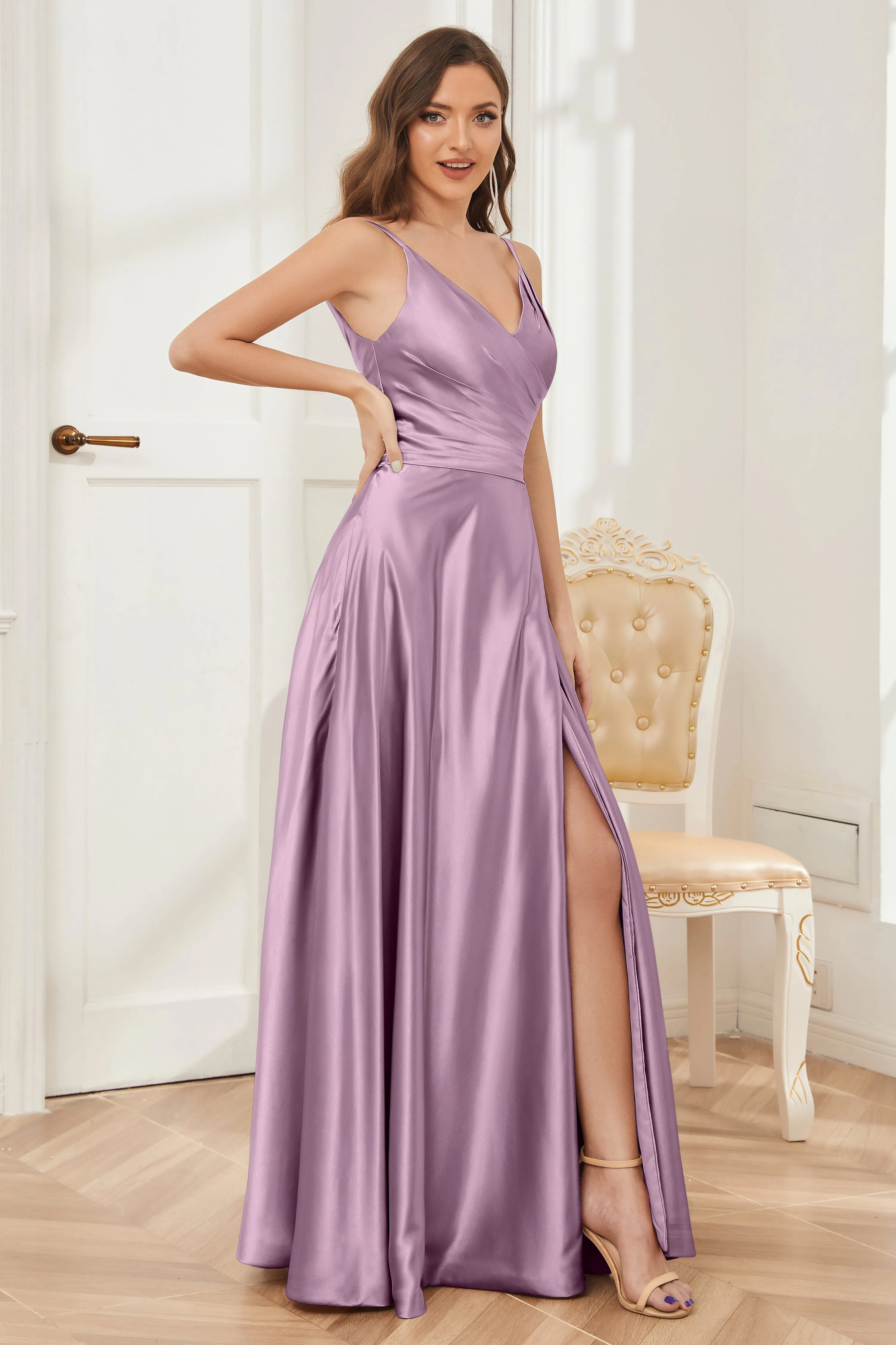 A-line V-neck Soft Satin Long Bridesmaid Dress with Pockets