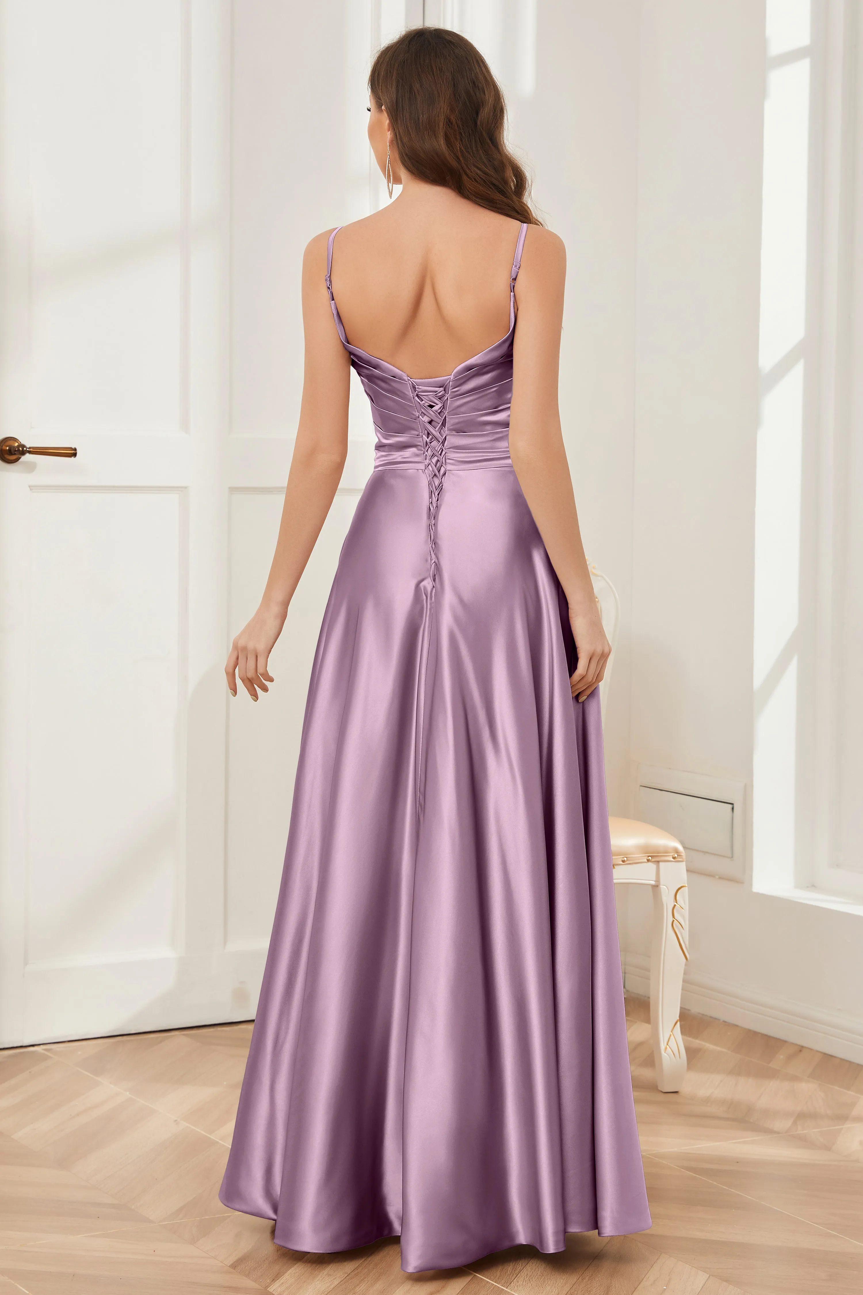 A-line V-neck Soft Satin Long Bridesmaid Dress with Pockets