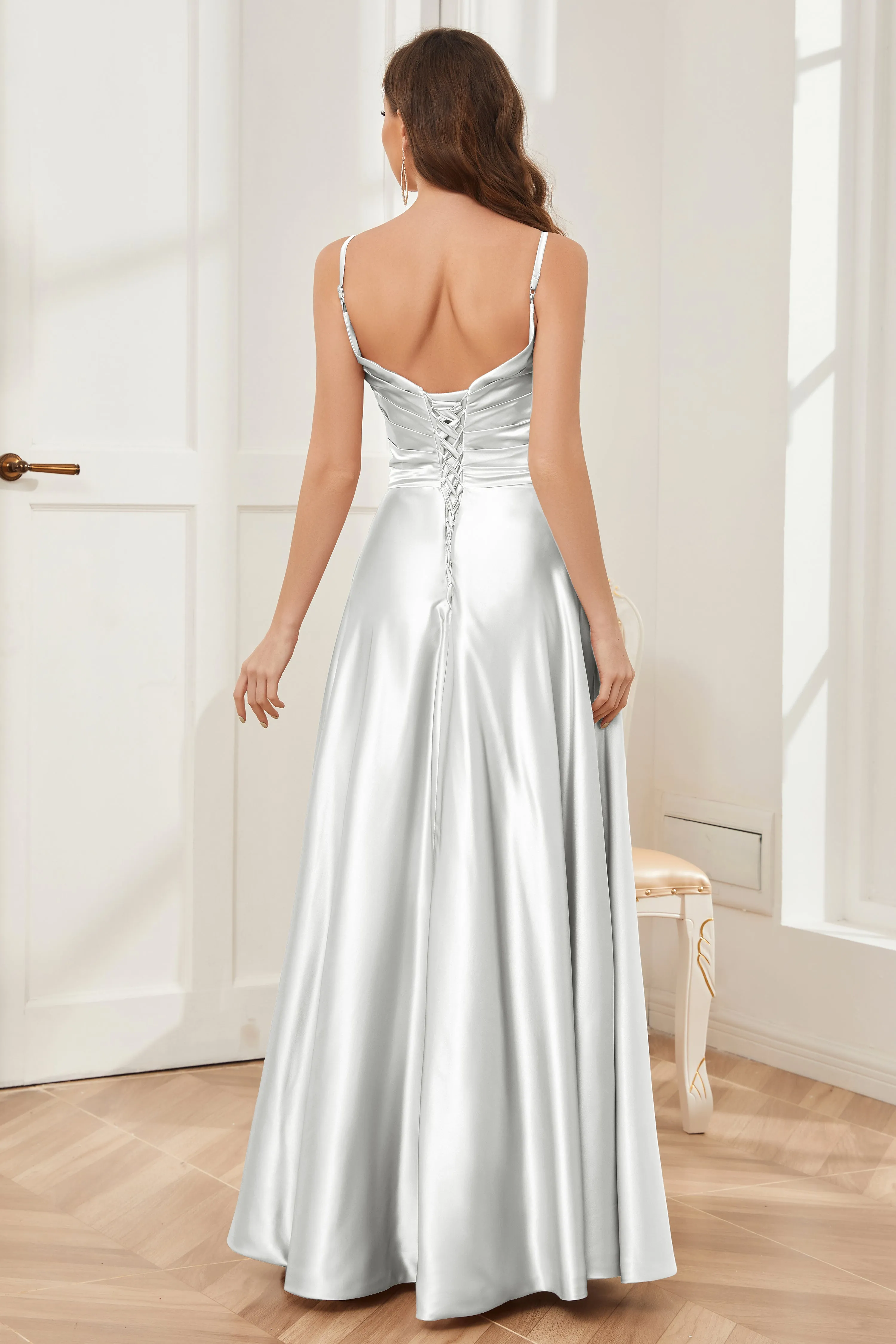 A-line V-neck Soft Satin Long Bridesmaid Dress with Pockets