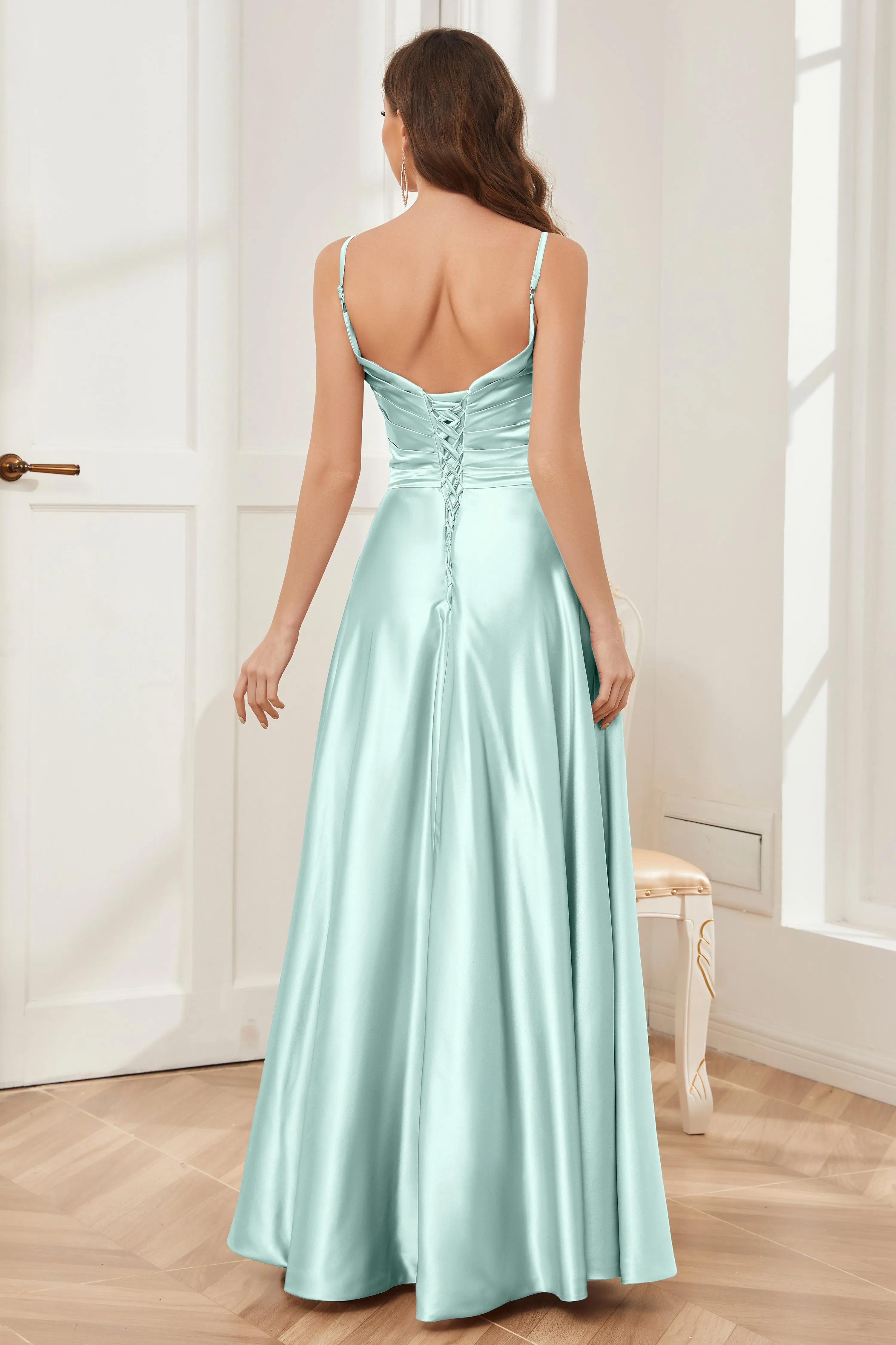 A-line V-neck Soft Satin Long Bridesmaid Dress with Pockets