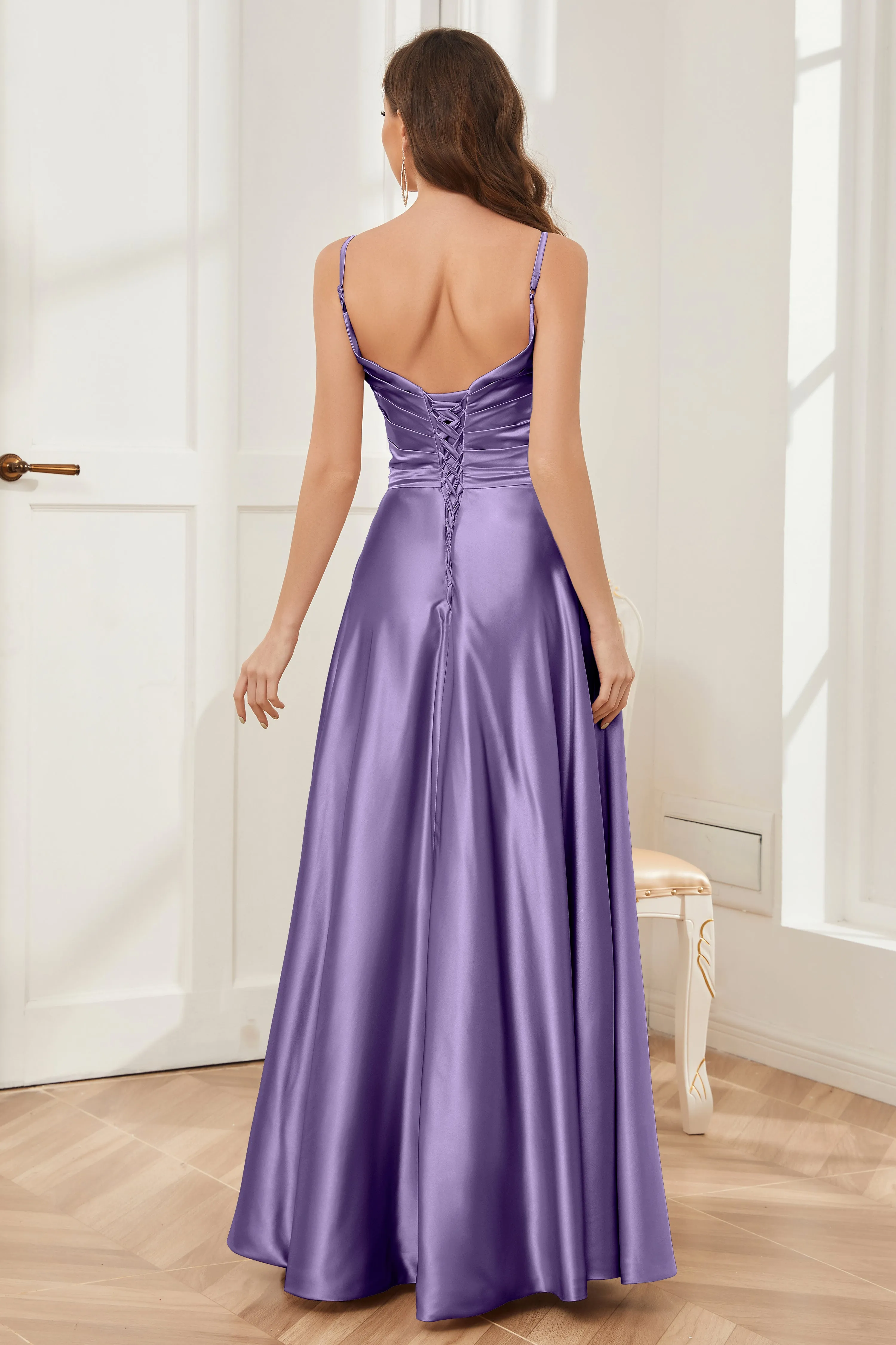 A-line V-neck Soft Satin Long Bridesmaid Dress with Pockets
